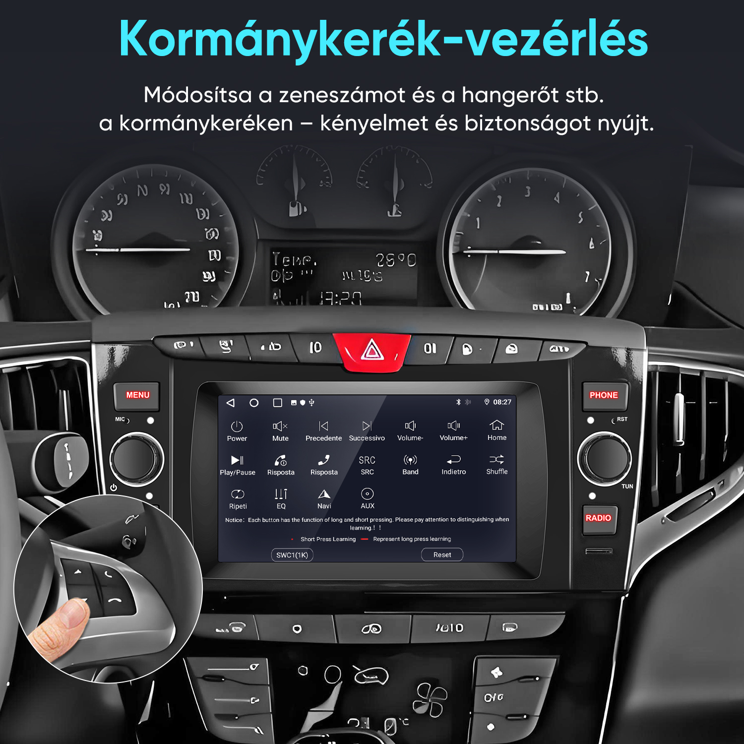 Autó műszerfal multimédiás képernyővel, vezérlőgombokkal és kormánykerék-vezérléssel egy kis képen.