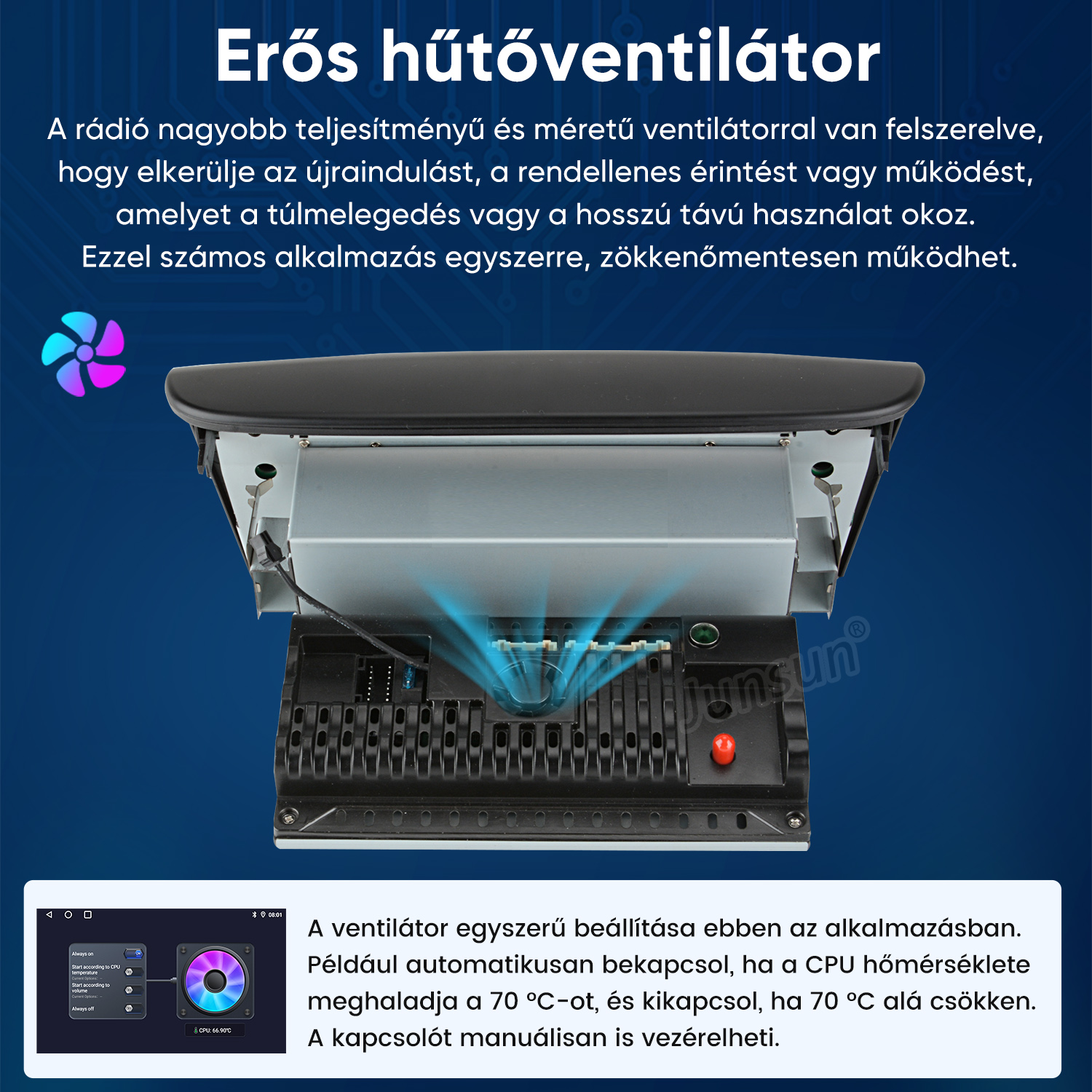 Erős hűtőventilátor egy autórádió hátulján, magyar nyelvű felirattal és kék légáramlás grafikával.