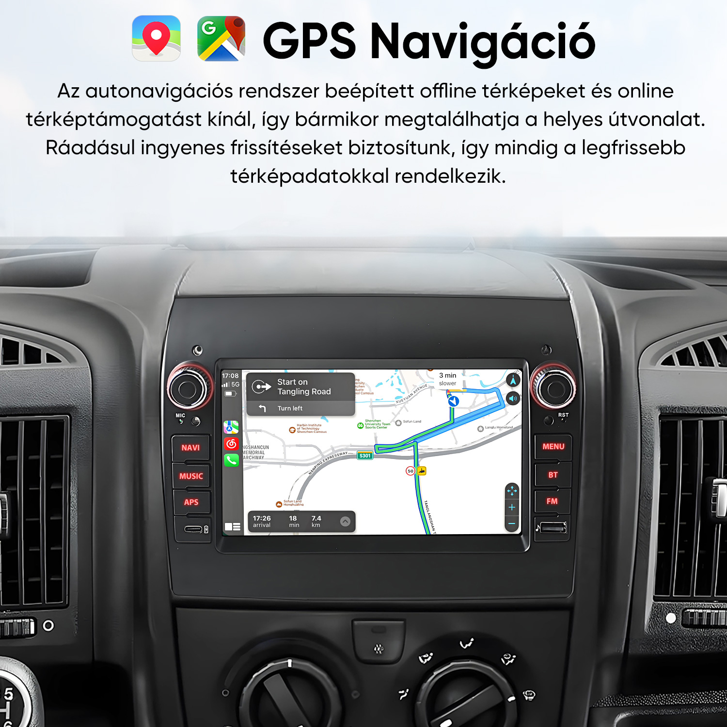 Autós GPS navigációs rendszer érintőképernyővel és útvonaltérképpel.
