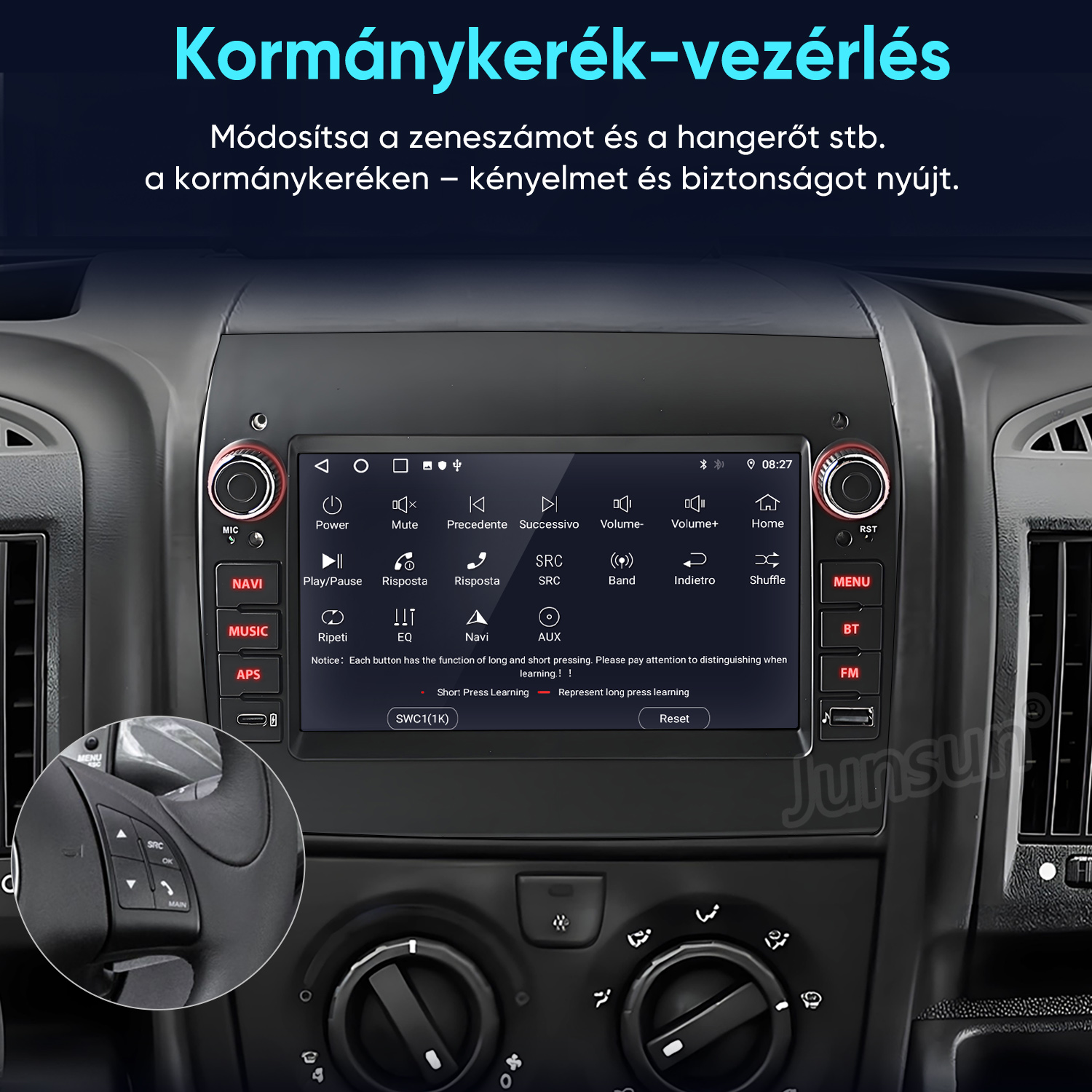 Autó műszerfal érintőképernyős multimédiával és kormánykerék vezérléssel.