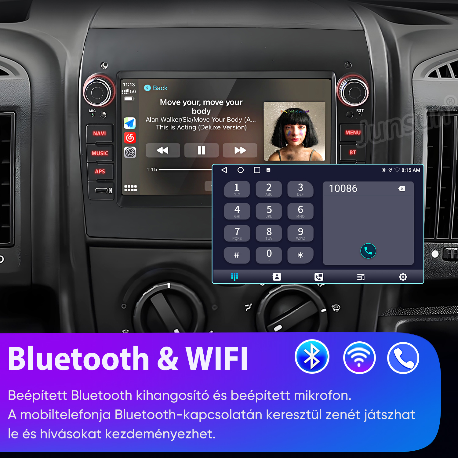 Érintőképernyős autórádió zenét és tárcsázót mutat, alul Bluetooth és Wi-Fi szöveg.