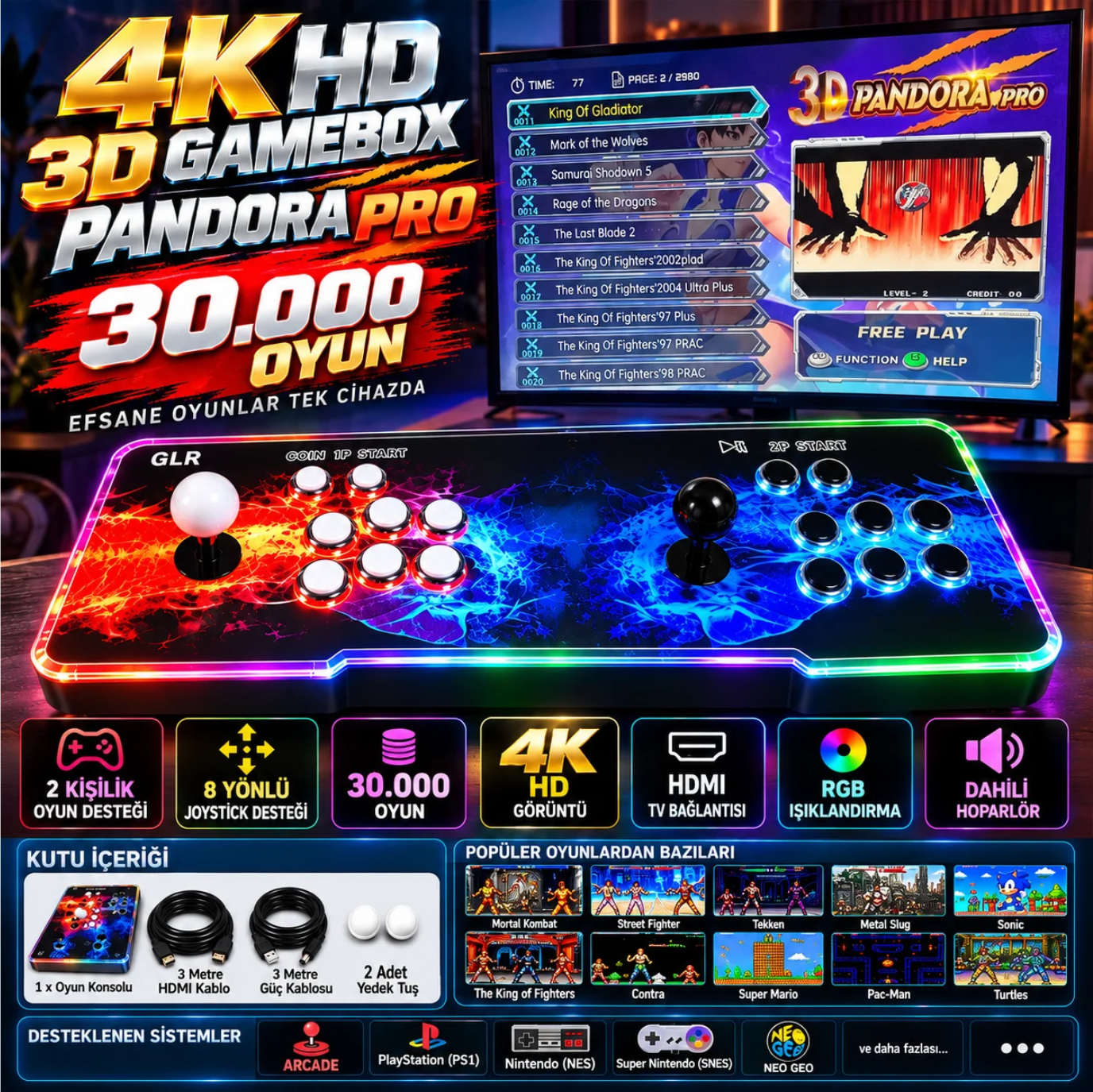 İki joystick, ışıklı tuşlar, ekranda oyun listesi ve özellik simgeleri olan bir Pandora Pro arcade konsolu.