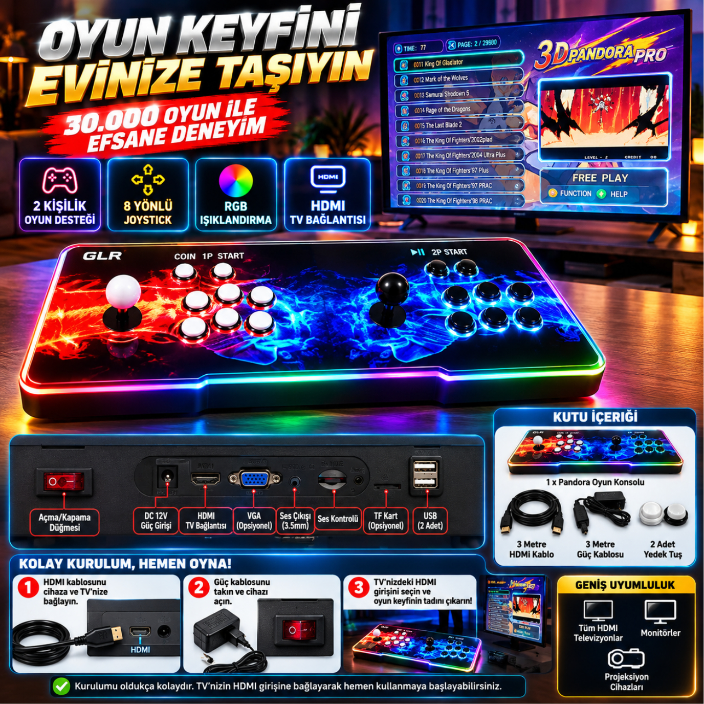 İki joystick, düğmeler ve bağlantı noktaları bulunan, bir televizyona bağlı ışıklı arcade oyun konsolu.