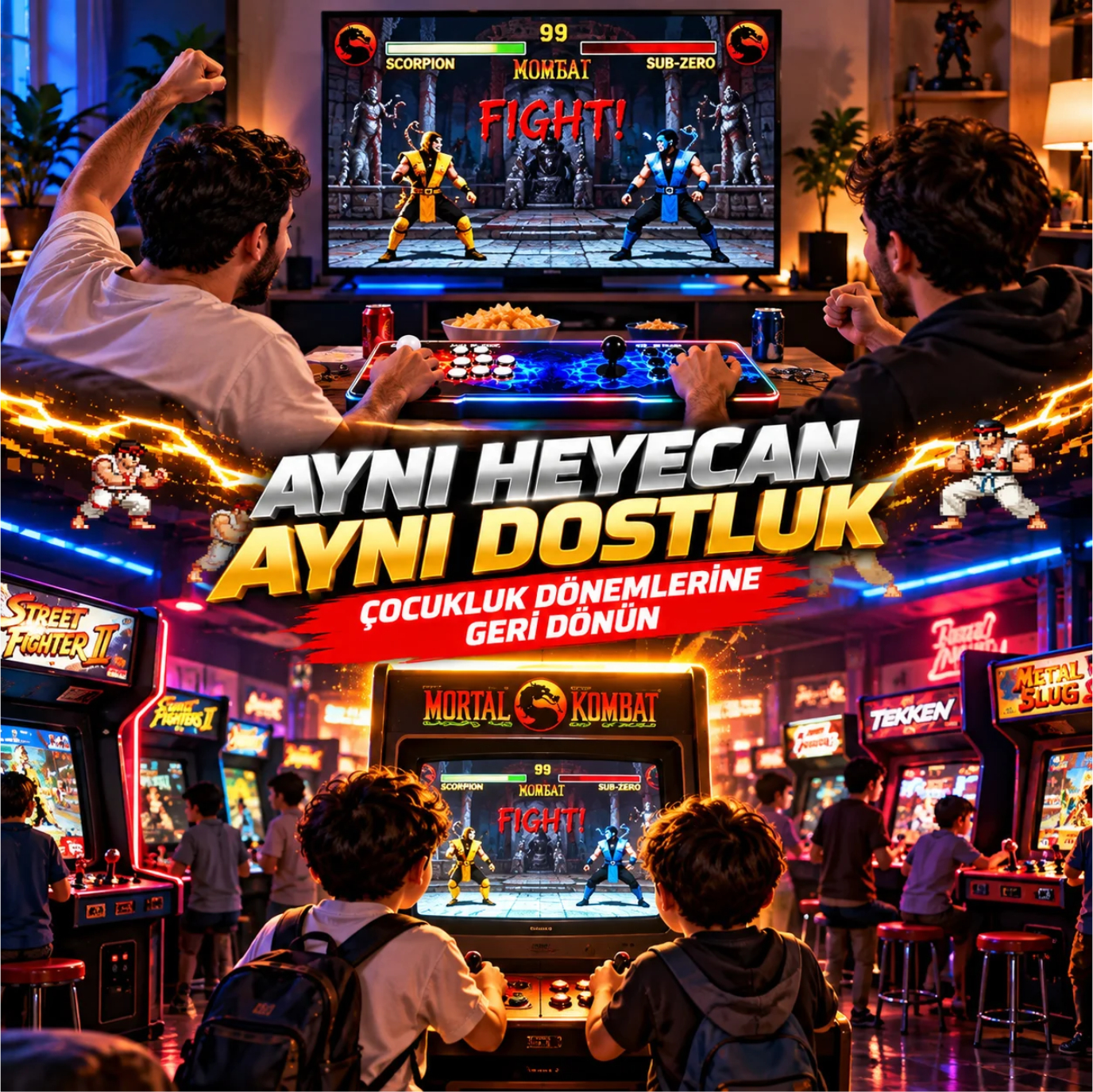 İki yetişkin TV'de dövüş oyunu oynuyor, altta iki çocuk atari oynuyor.