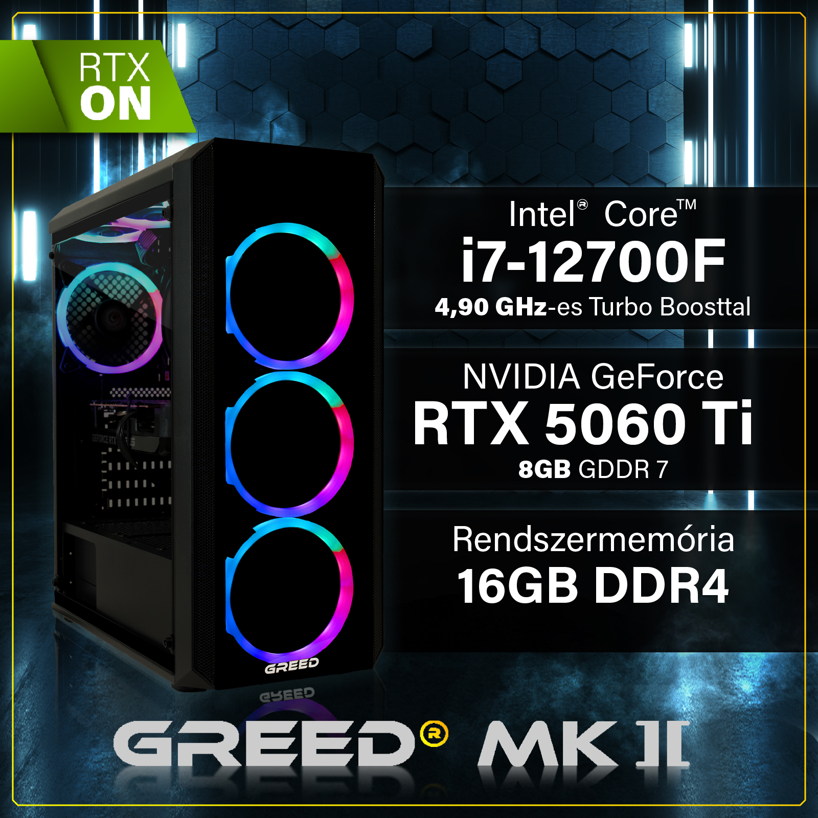 Játék PC RGB ventilátorokkal, Intel i7-12700F, RTX 5060 Ti és 16GB RAM kék háttérrel.