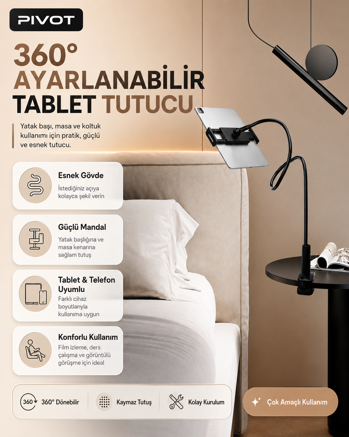 Yatak odasında komodine tutturulmuş, üzerinde tablet olan siyah esnek tablet tutucu.