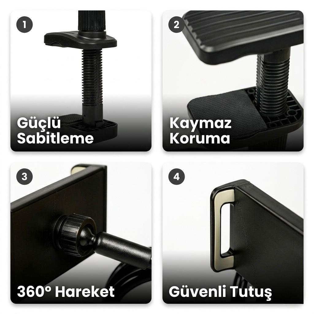 Mandallı, döner kollu ve koruyucu pedli siyah telefon tutucusunun dört yakın çekimi.