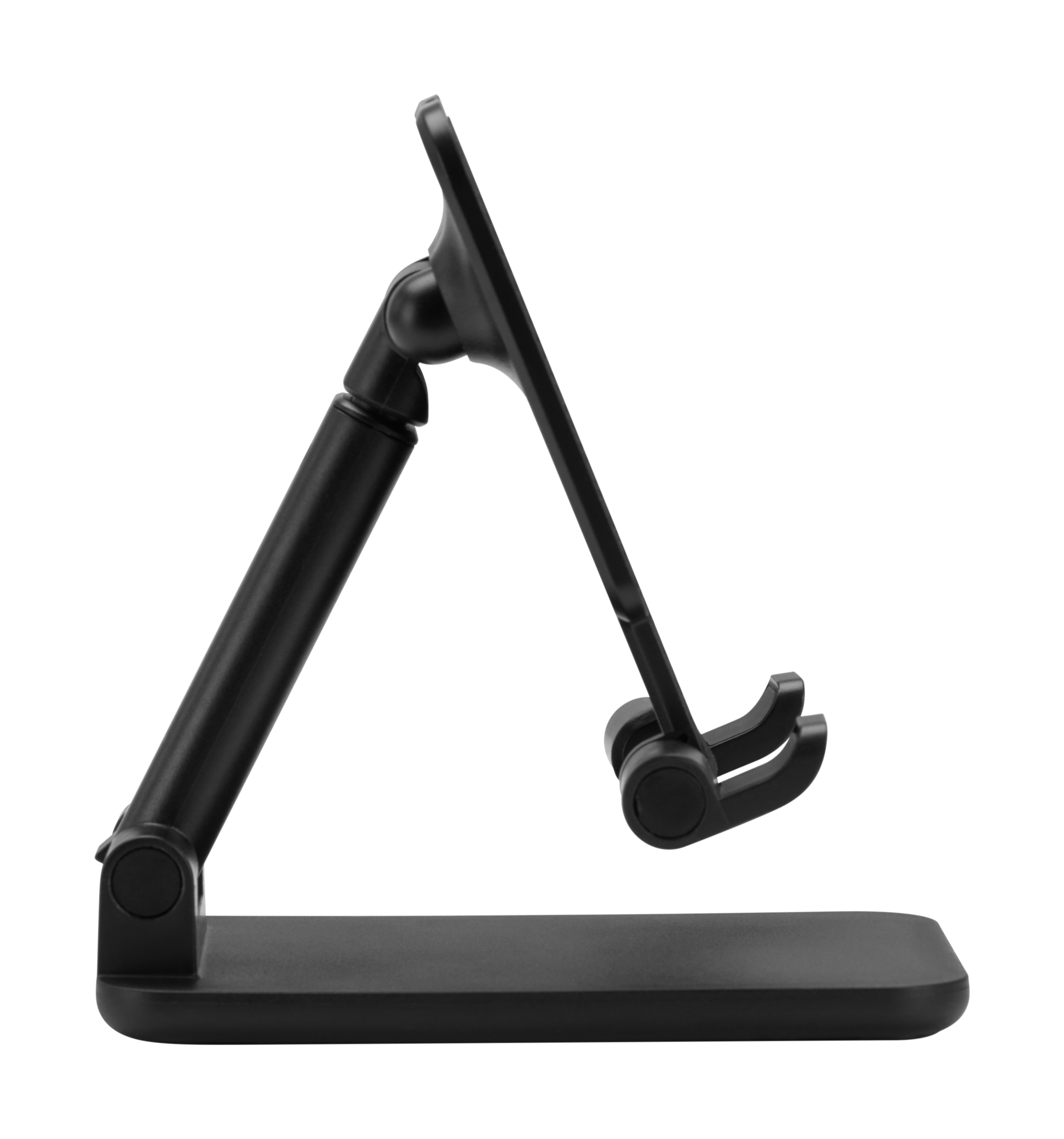 Beyaz arka plan üzerinde akıllı telefon veya tabletler için siyah, ayarlanabilir masa standı.
