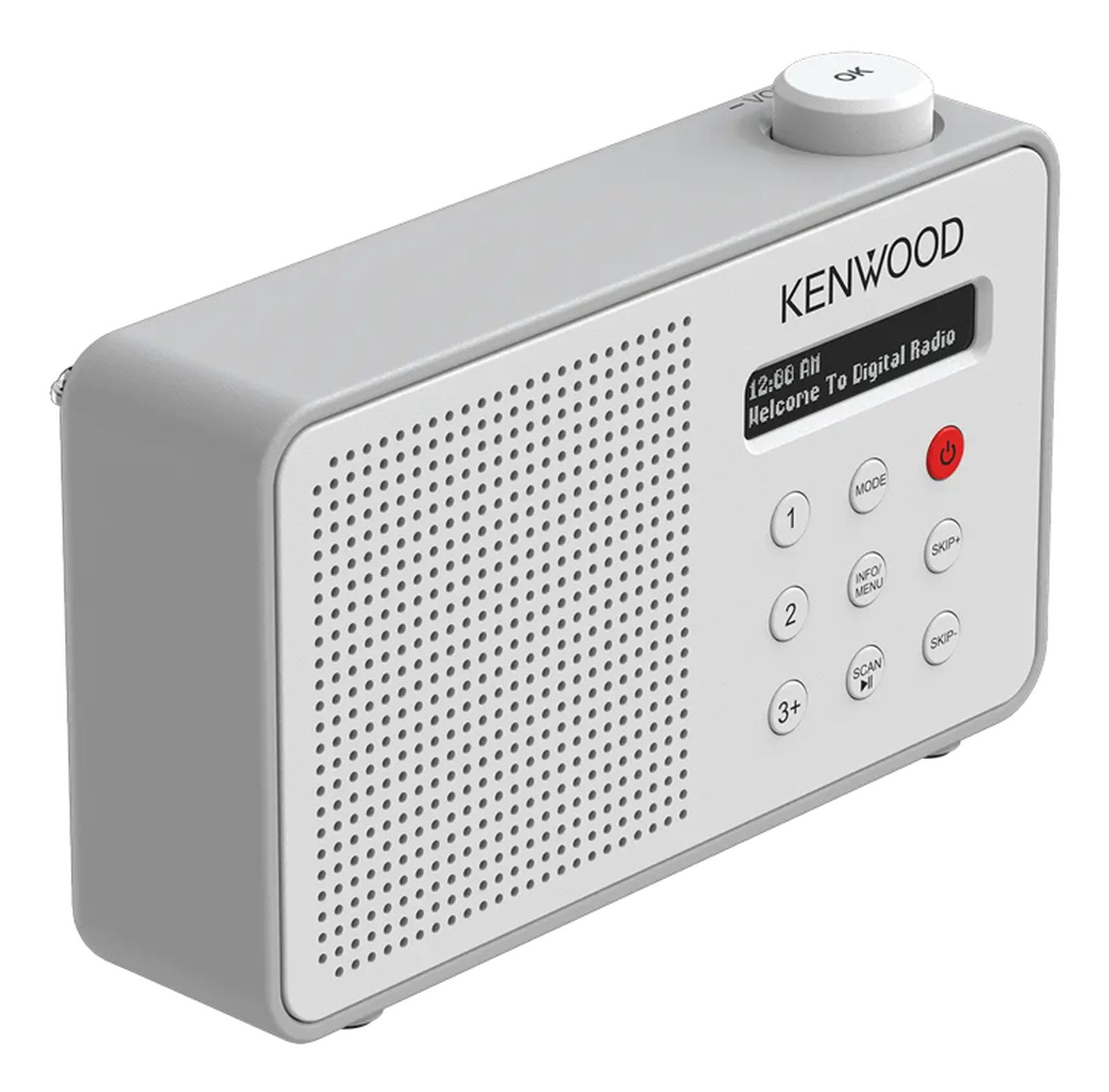 Ein graues Kenwood-Digitalradio mit wei ßer Frontplatte, Lautsprechergitter, Display, Tasten und einem Drehregler.