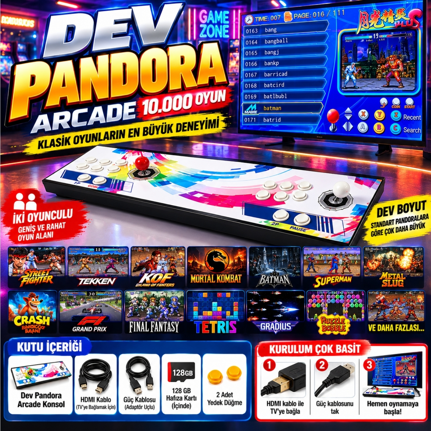 Renkli tasarımlı, iki joystick'li, tuşlu ve oyun menülerini gösteren ekrana sahip Dev Pandora Arcade konsolu.