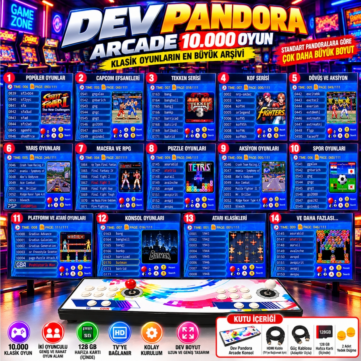 Oyun listeleri, kategoriler ve renkli kontrolcü gösteren Pandora Arcade menüsü.