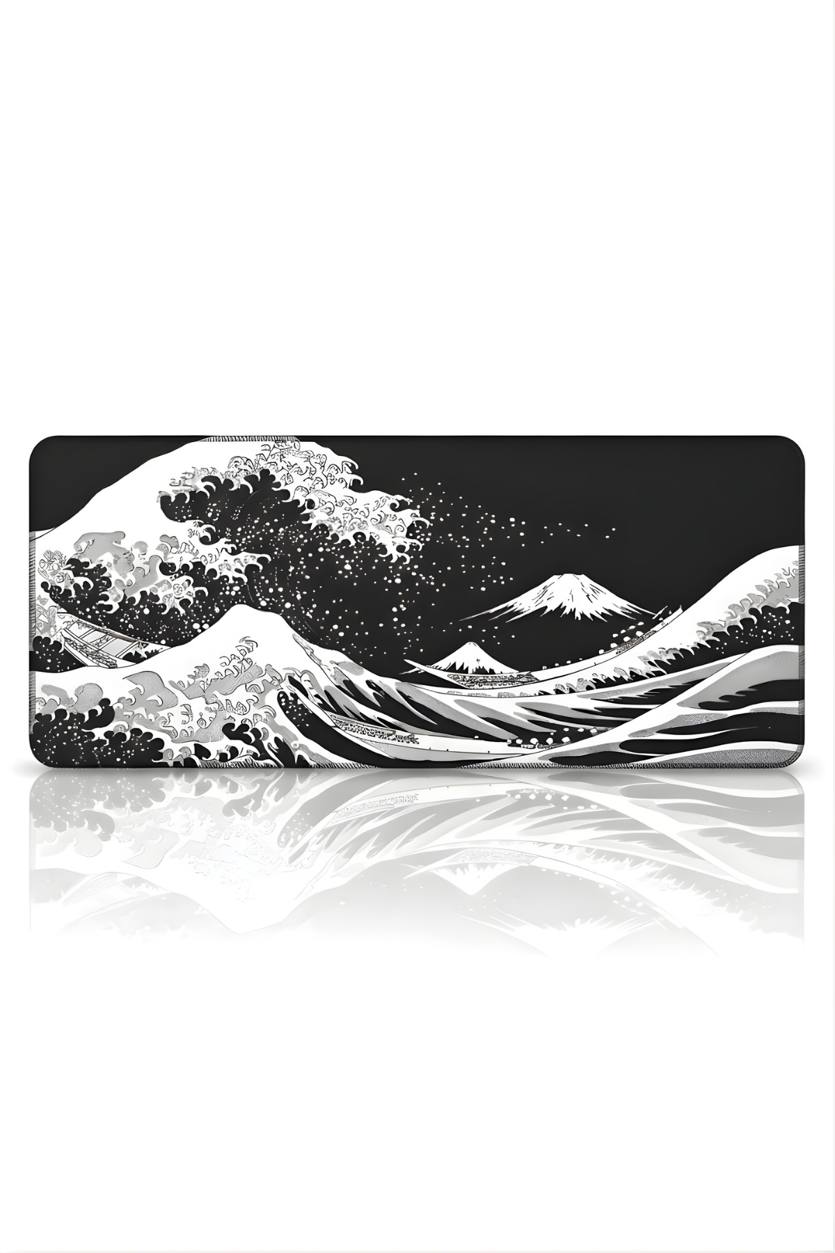 Hokusai tarzı büyük bir dalga ve Fuji Dağı'nı içeren siyah masa pedi.