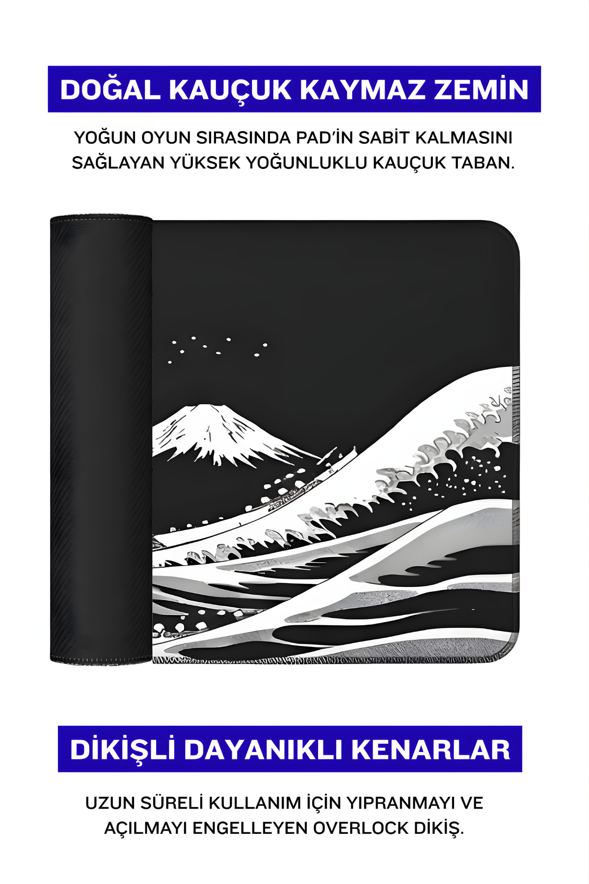 Üzerinde beyaz dalga ve dağ bulunan siyah mousepad, üstte ve altta Türkçe yazılar.