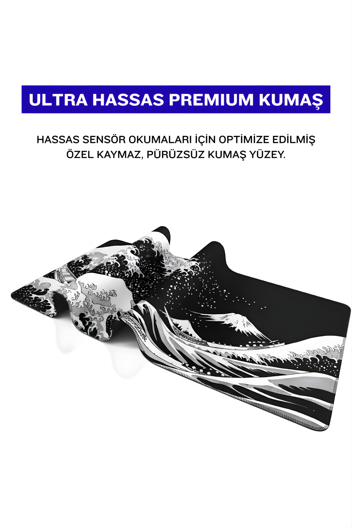 Dalga ve dağ desenli, üstünde Türkçe yazılar bulunan siyah beyaz mousepad.