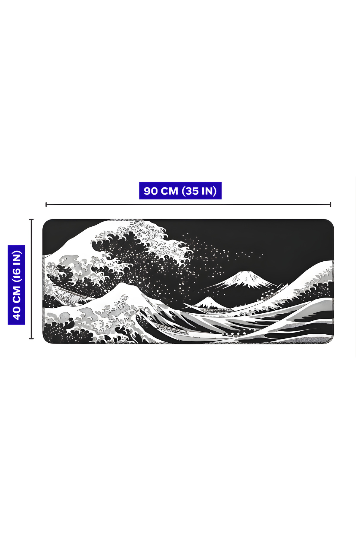 90x40 cm ölçülerinde Japon dalgası tasarımlı siyah mouse pad.