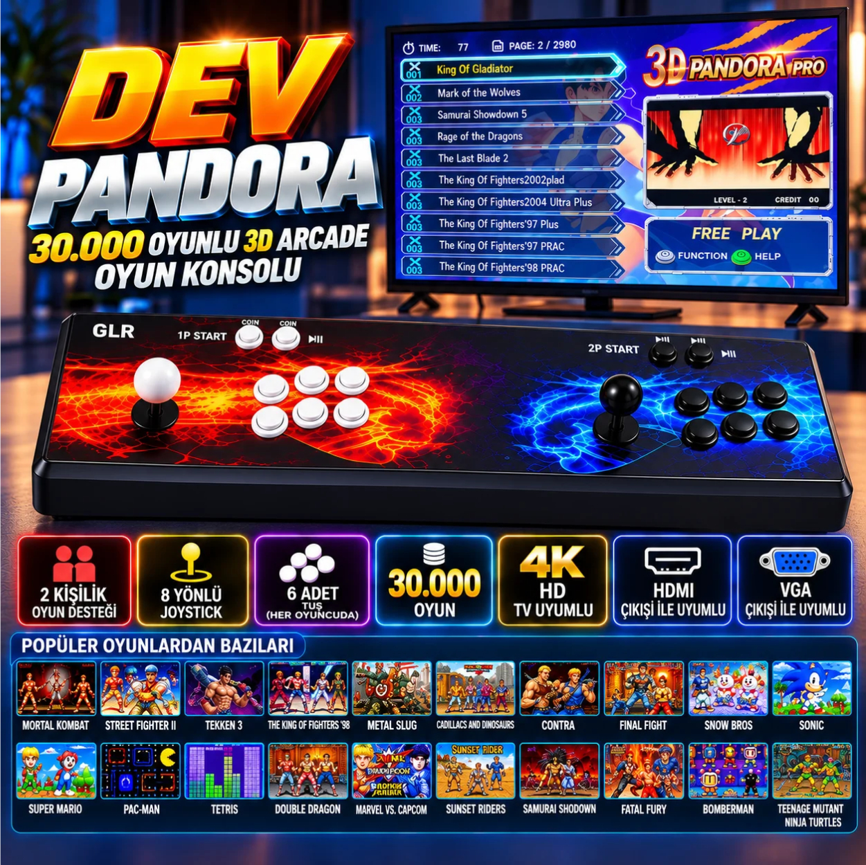 İki joystick, çok sayıda tuş ve oyun menülerini gösteren ekrana sahip bir arcade oyun konsolu.