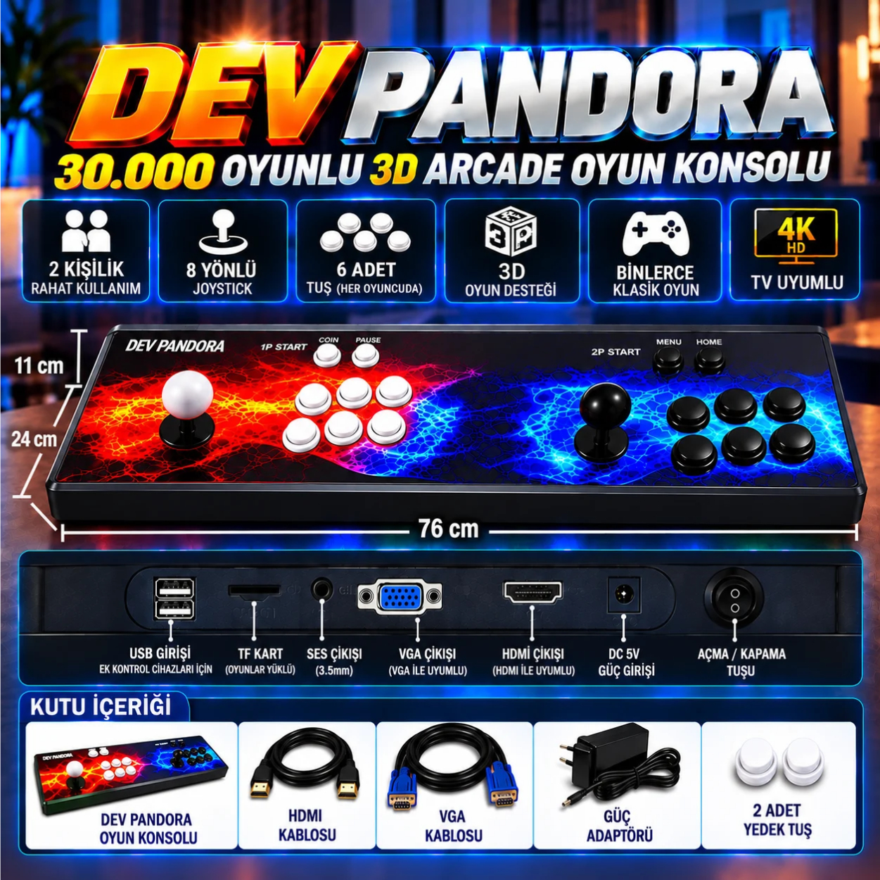 Ölçüleri, bağlantı noktaları ve kutu içeriği gösterilen mavi sarı arka planlı Dev Pandora arcade konsolu.