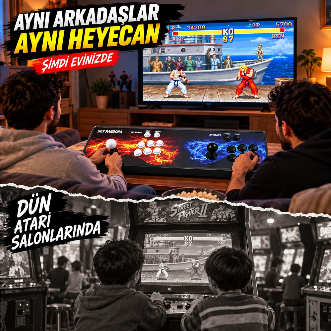 İki erkek evde büyük bir TV'de arcade oyunu oynuyor, salonundaki çocuklarla tezat oluşturuyor.