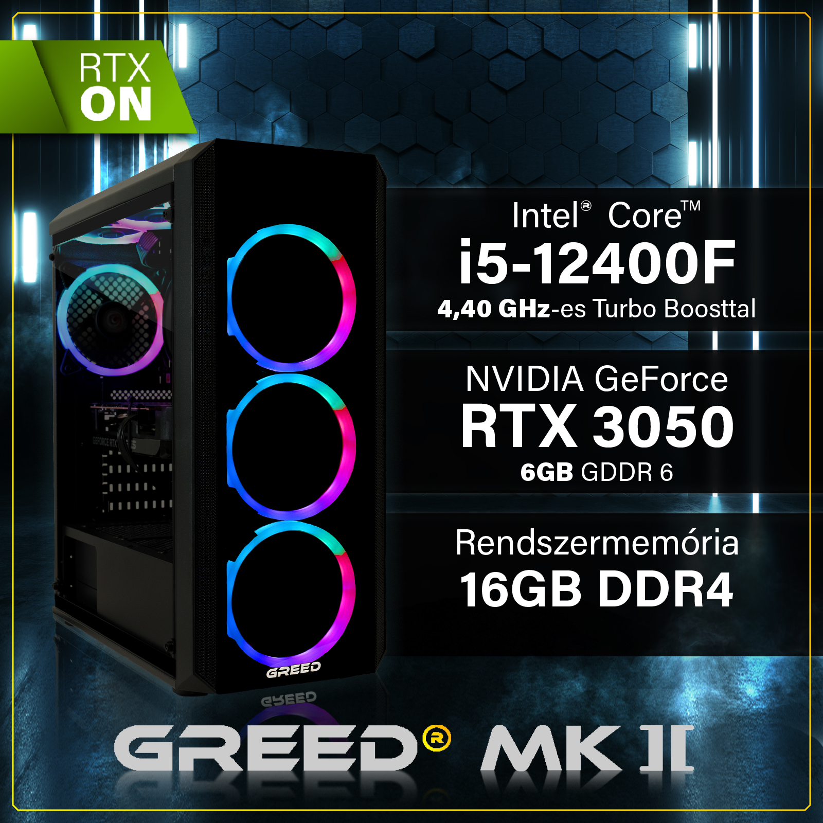 Gaming PC RGB ventilátorokkal, Intel Core i5-tel és RTX 3050 videokártyával.
