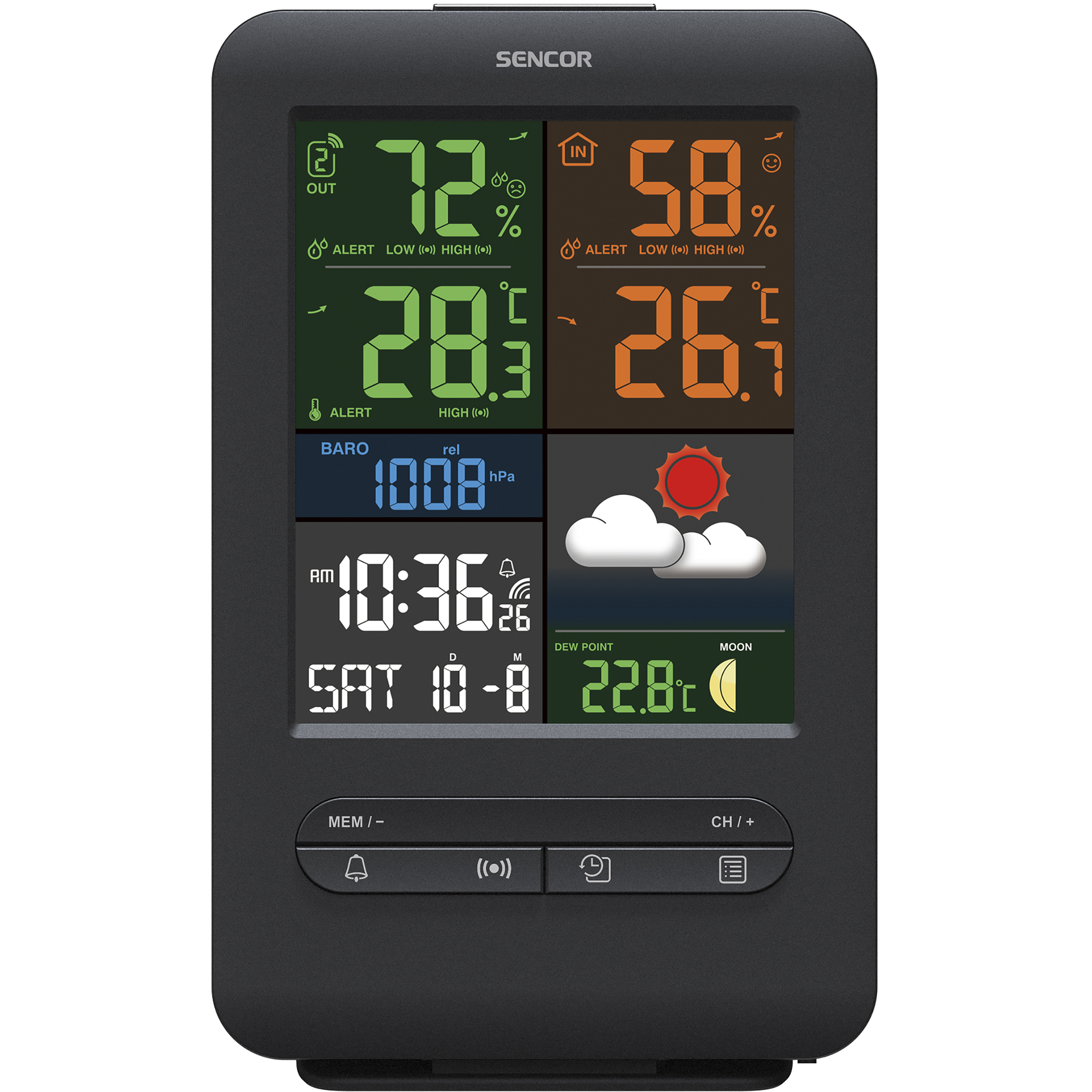Schwarze Sencor Wetterstation mit farbigem Display zeigt Zeit, Datum, Temperatur, Luftfeuchtigkeit und Wetter an.