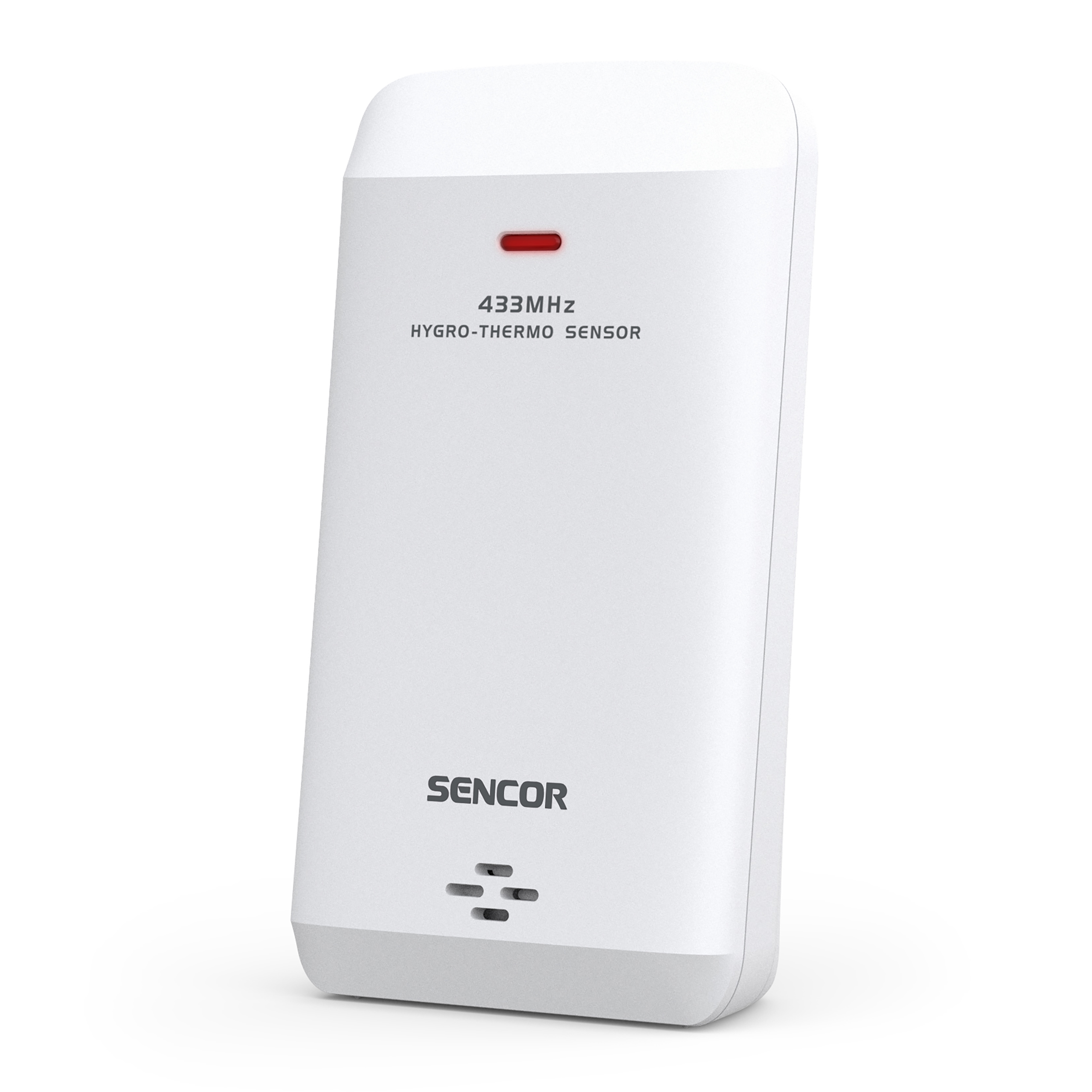 Weißer Sencor 433MHz Hygro-Thermo-Sensor mit roter LED und Belüftungsschlitzen.