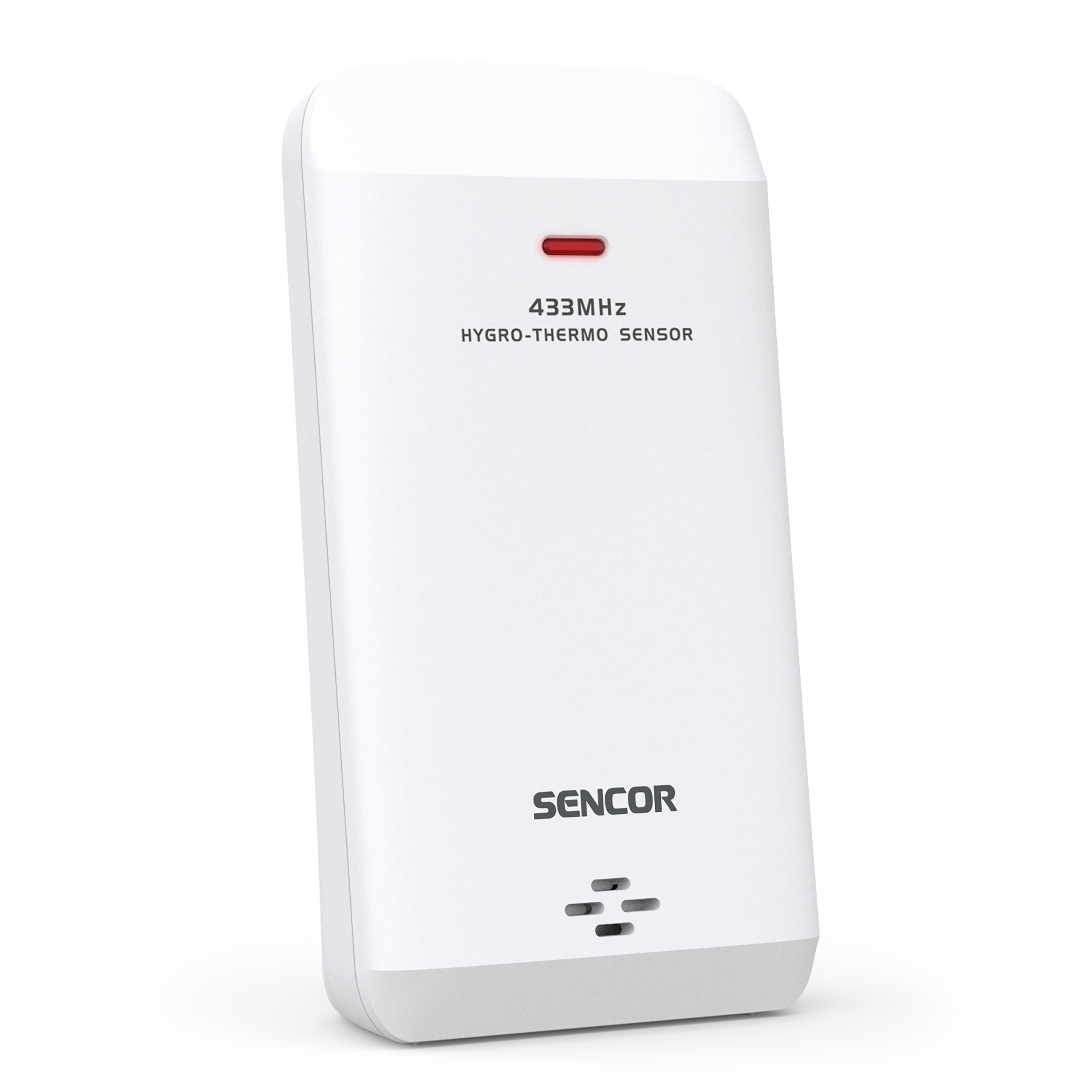 Ein weißer Funksensor mit der Aufschrift 433MHz Hygro-Thermo Sensor und Sencor Logo auf weißem Hintergrund.