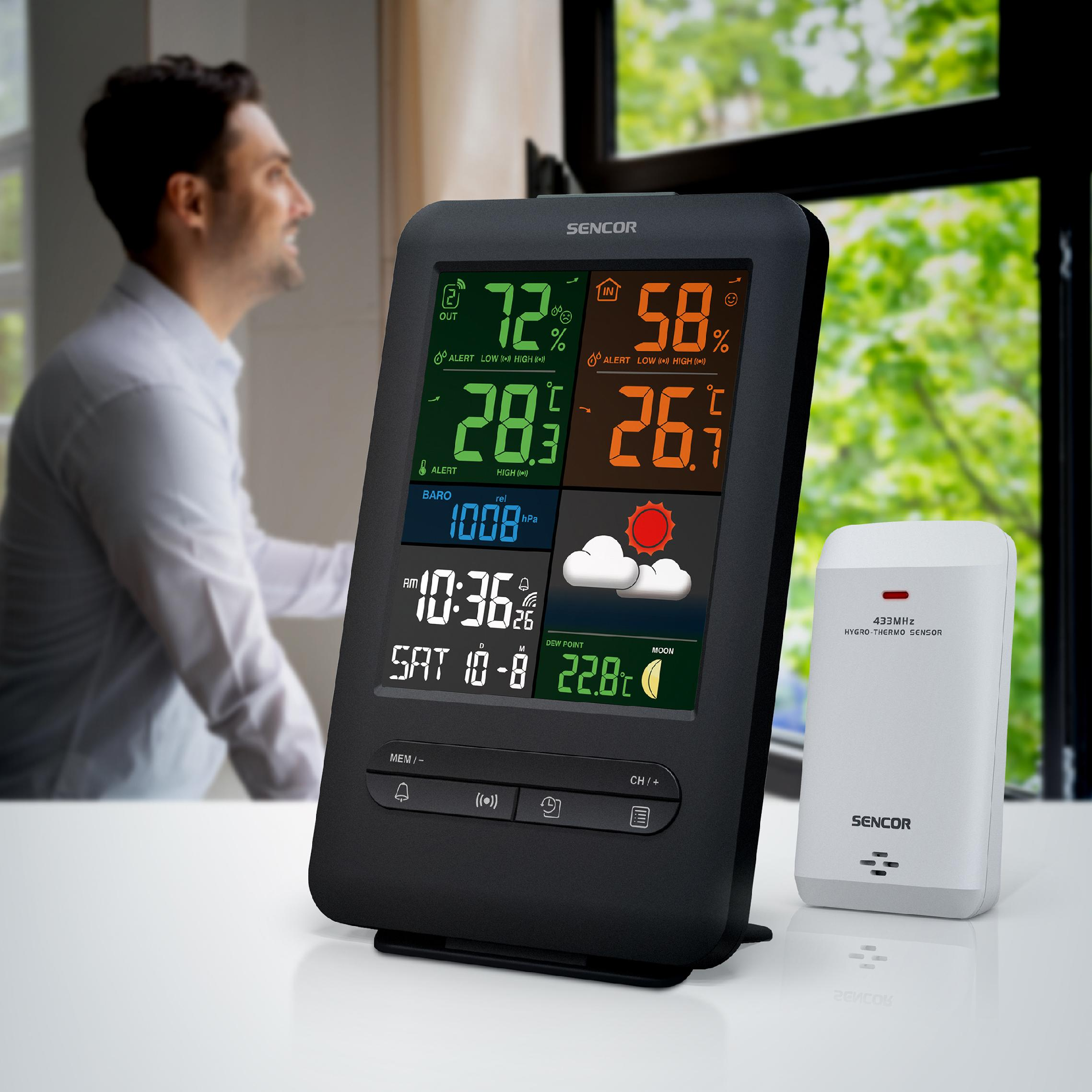 Eine schwarze Wetterstation und ein weißer Sensor auf einem weißen Tisch.
