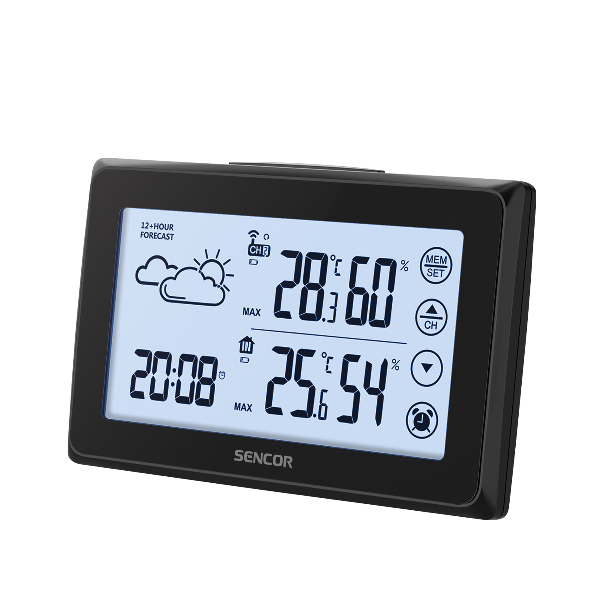 Schwarze Sencor Wetterstation mit digitalem Display für Temperatur, Luftfeuchtigkeit und Wettervorhersage.