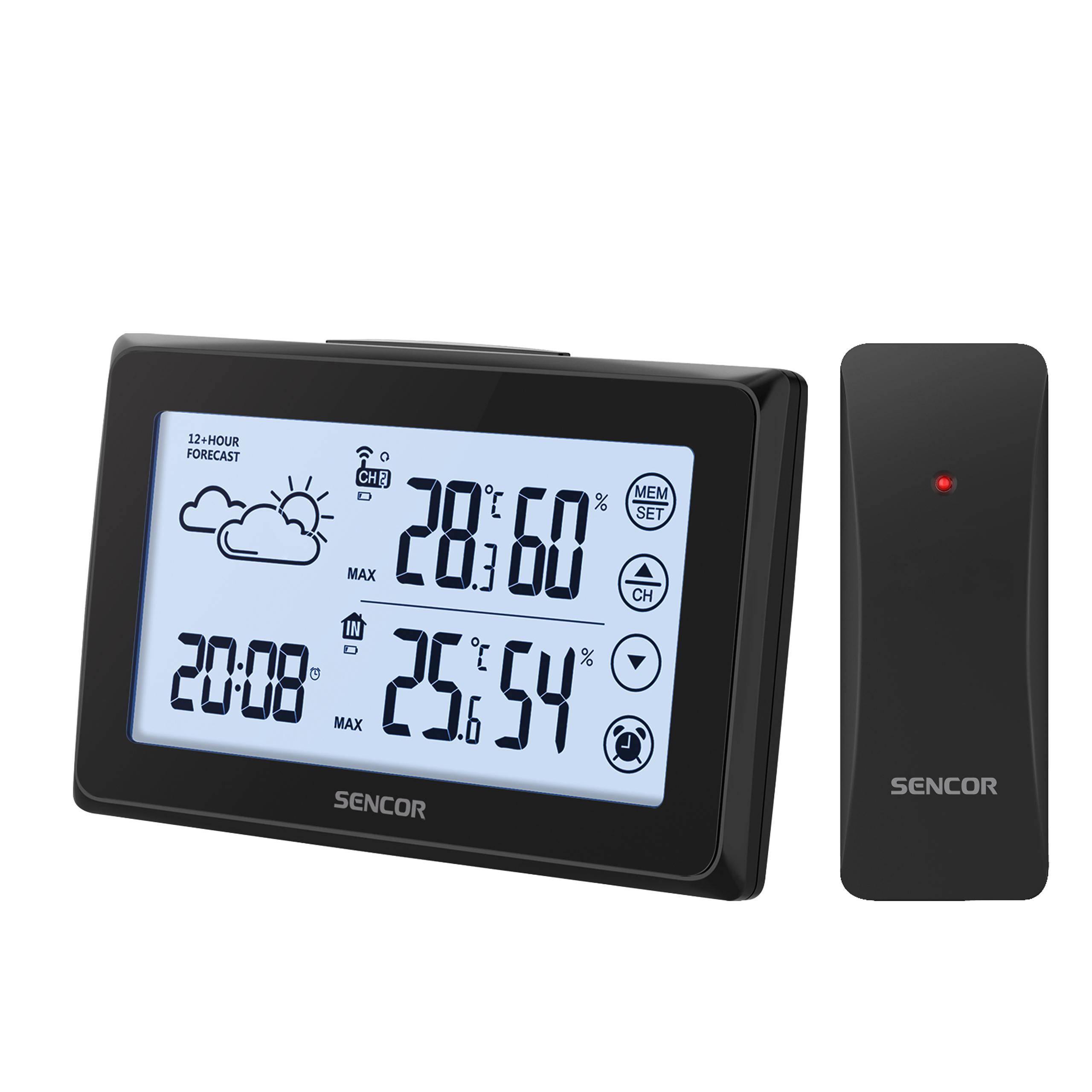 Schwarze Wetterstation mit Display und separatem Aussensensor.