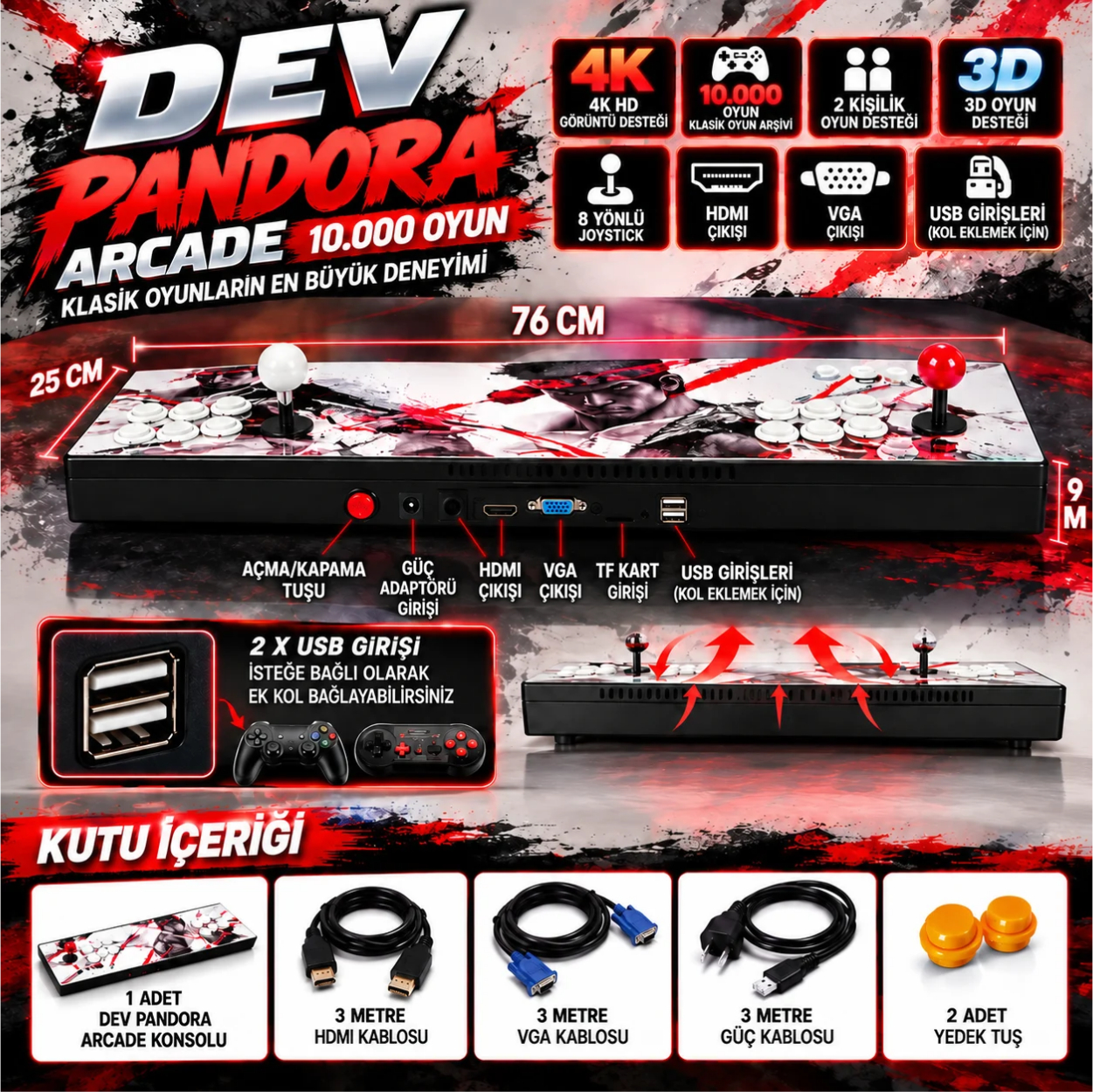 Kırmızı ve siyah arka planda joystiq, tuşlar, bağlantı noktaları, kablolar ve özellik simgeleri olan Pandora arcade konsolu.