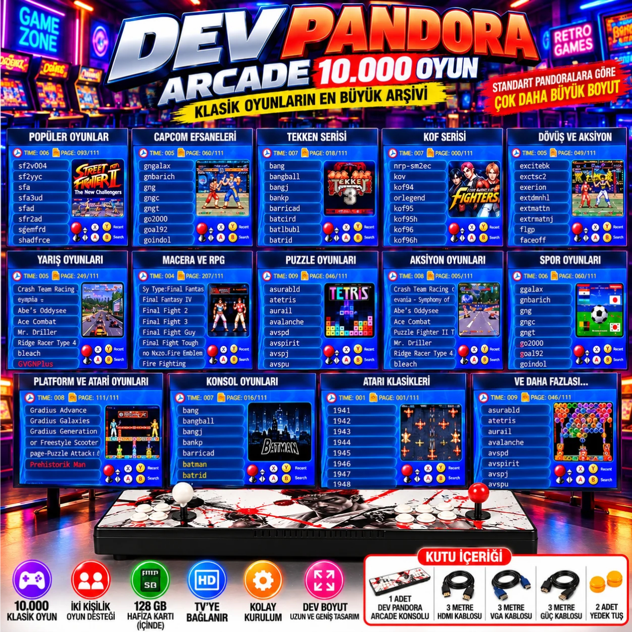 Neon arka planda oyun menüleri ve kabloları gösteren Dev Pandora arcade konsol reklamı.