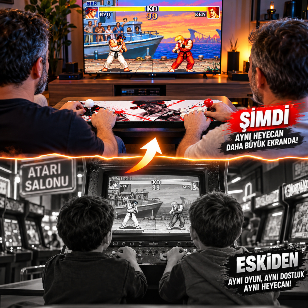 İki oyuncunun karşılaştırması: eskiden atari salonunda, şimdi büyük televizyonda konsolla.