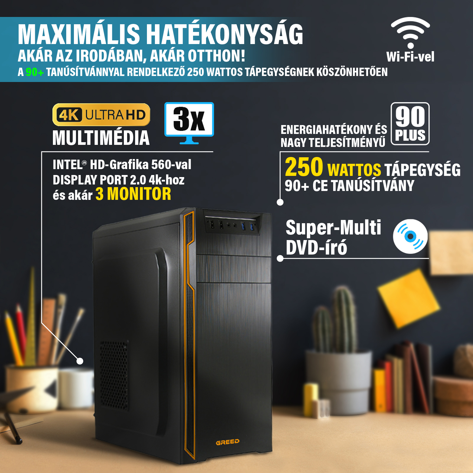 Fekete Greed asztali számítógép fa asztalon, feliratokkal a teljesítményről és Wi-Fi-ről.