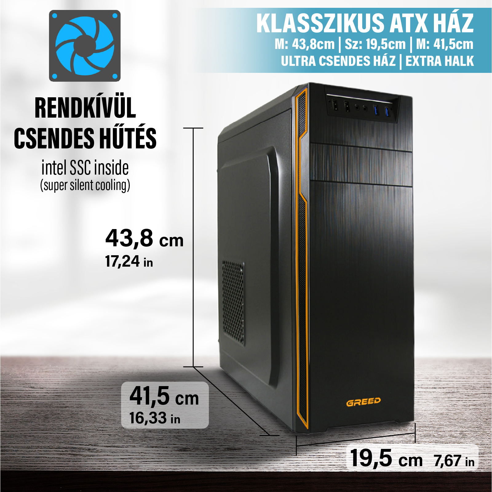 Fekete ATX számítógépház fa felületen, 43,8 cm magassággal, 19,5 cm szélességgel és 41,5 cm mélységgel.