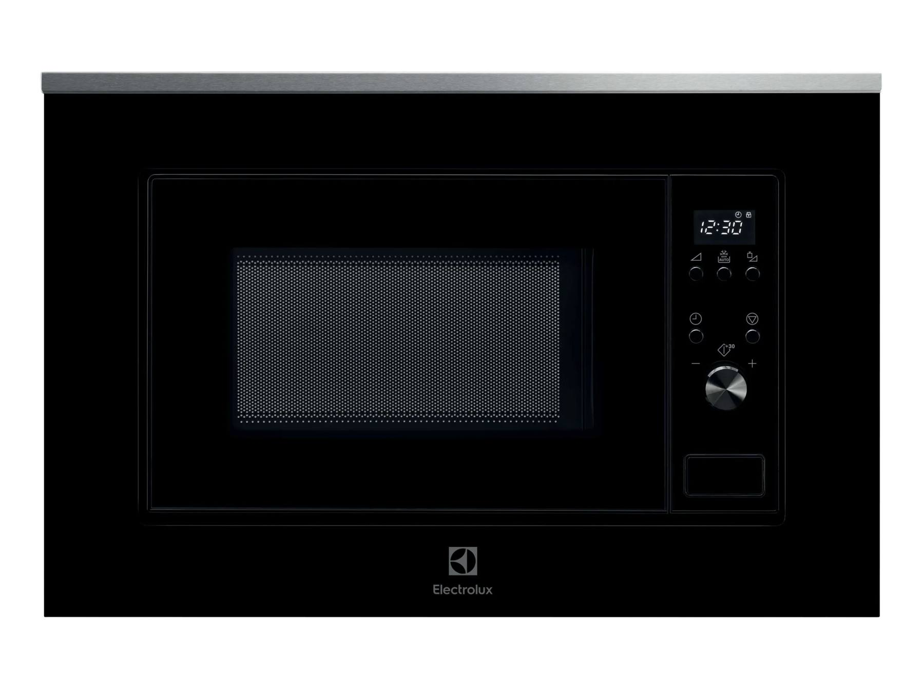Microondas empotrable negro con pantalla digital, controles táctiles y un mando giratorio a la derecha.