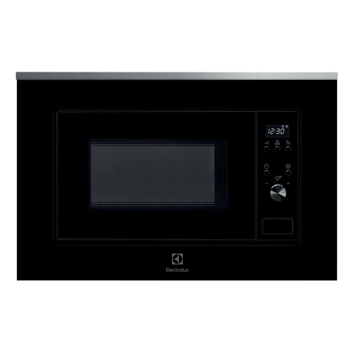 Un microondas empotrable Electrolux negro con pantalla digital y detalles plateados.