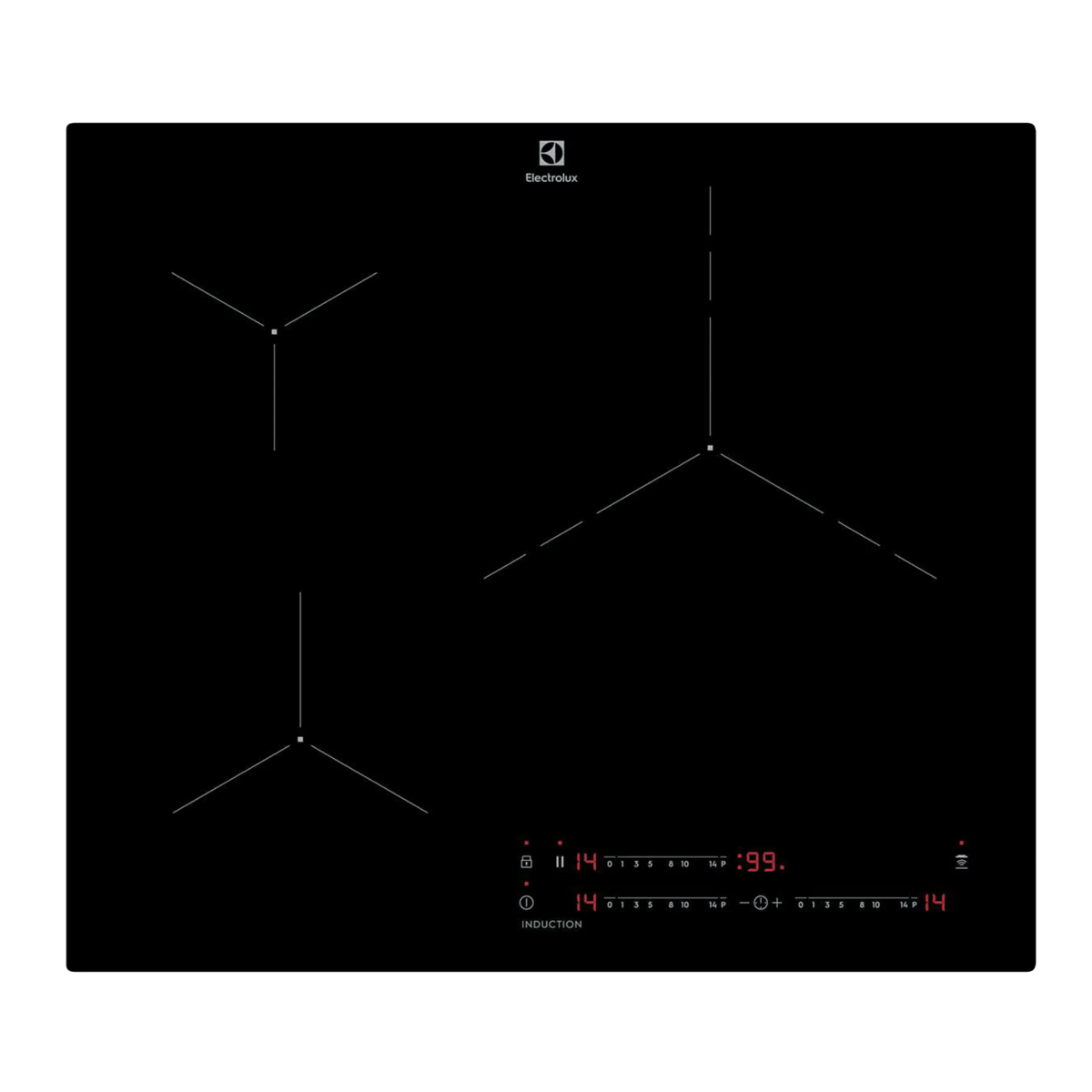 Placa de inducción negra Electrolux con tres zonas de cocción y pantallas rojas iluminadas.