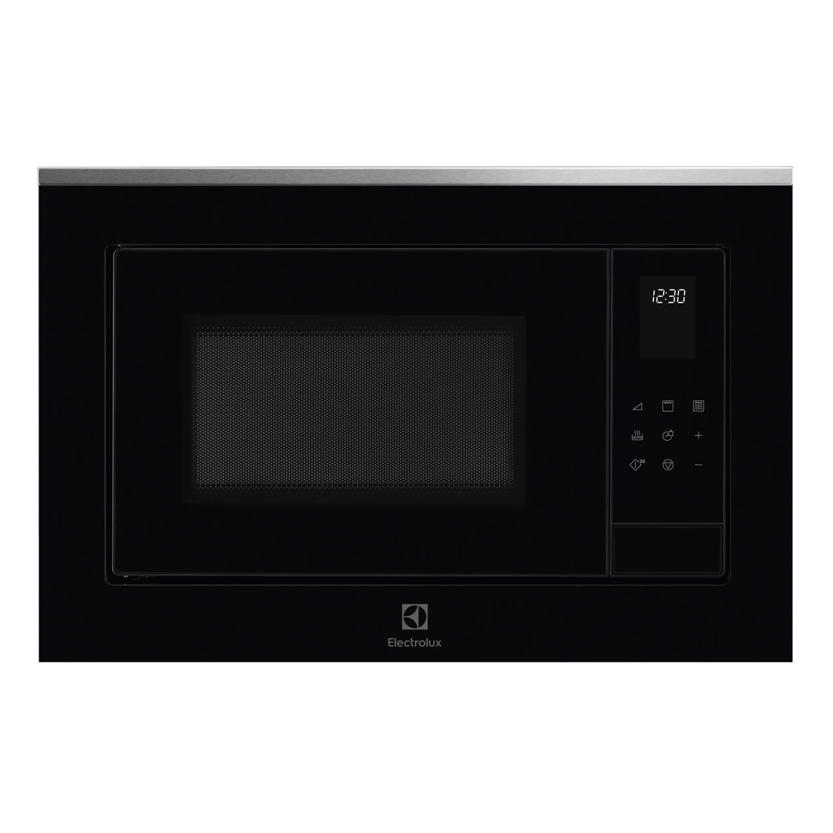 Microondas empotrable Electrolux negro con pantalla digital y panel táctil sobre fondo blanco.