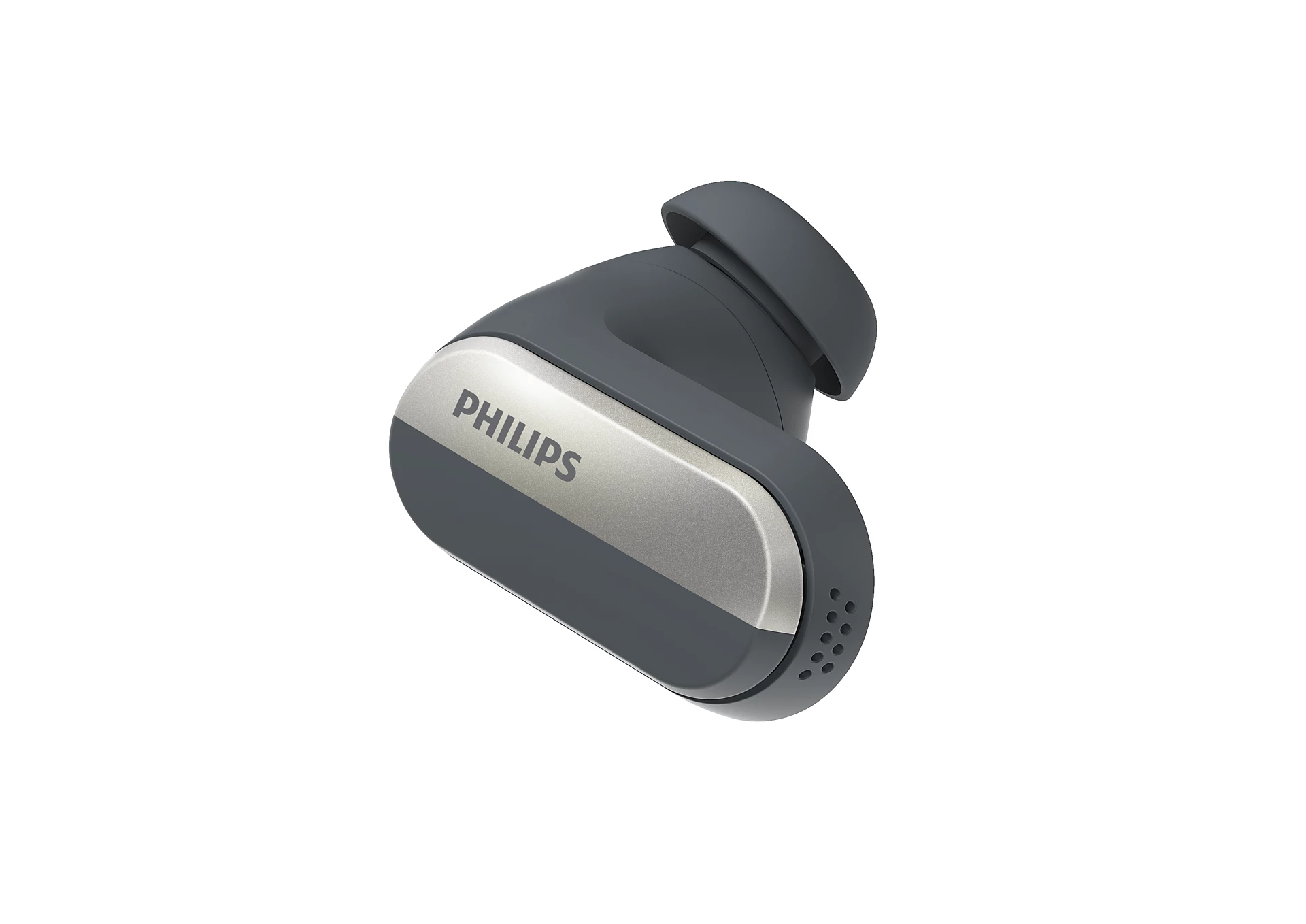 Ein dunkelgrauer Philips Wireless-Ohrhörer mit silberner Akzentblende vor weißem Hintergrund.