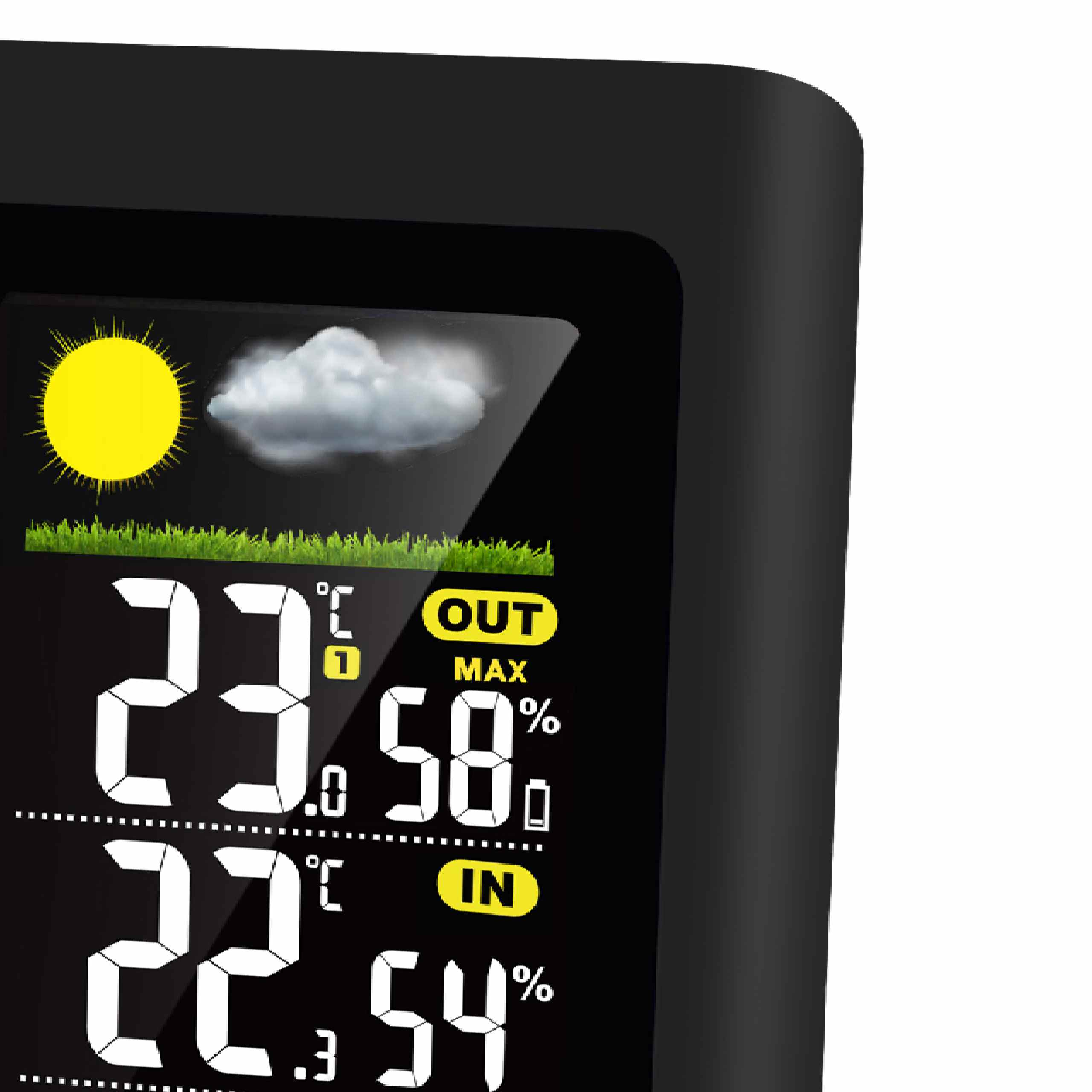 Digitale Wetterstation mit Display, das Innen- und Außentemperatur sowie Luftfeuchtigkeit anzeigt.