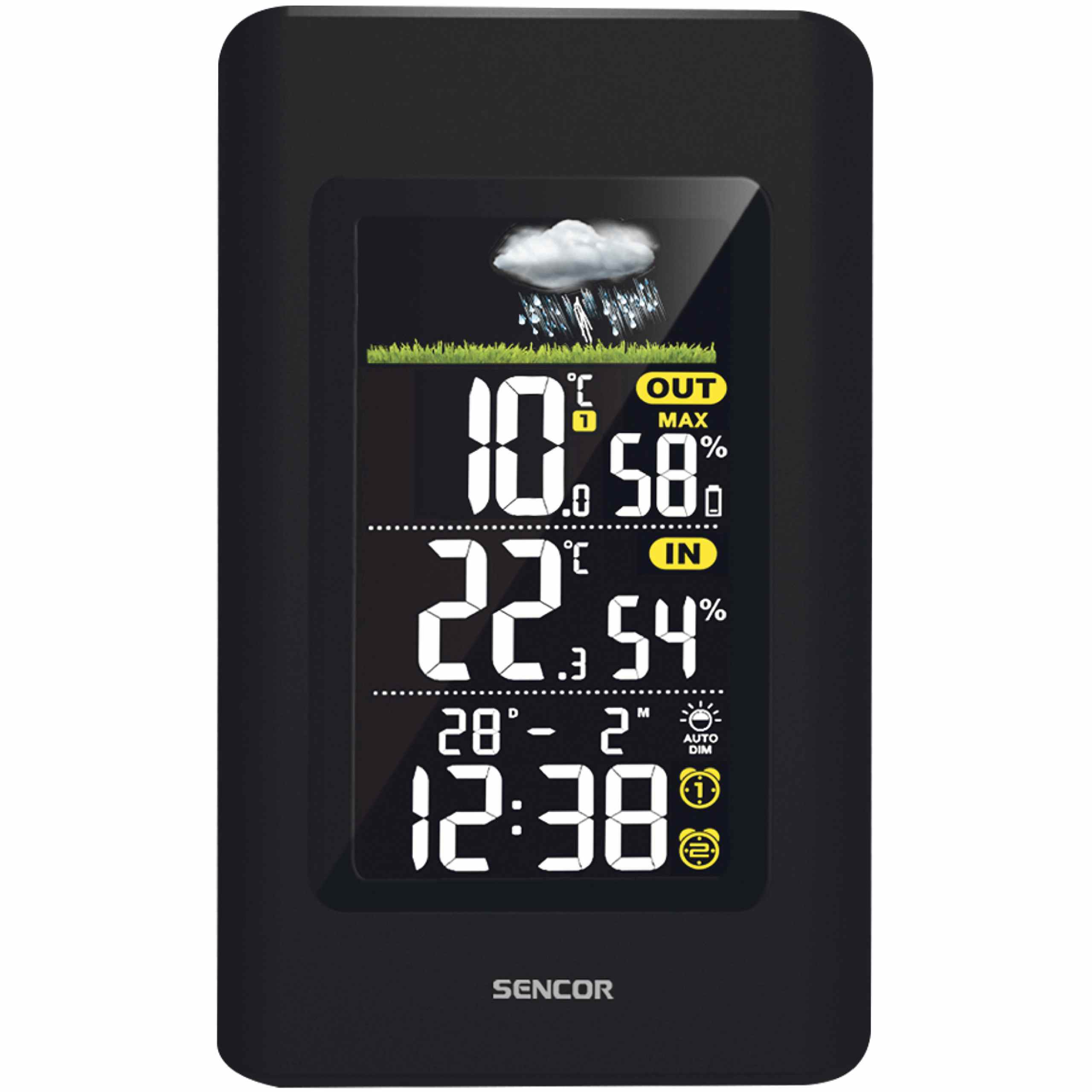 Schwarze Sencor Wetterstation mit digitalem Display für Temperatur, Luftfeuchtigkeit und Uhrzeit.