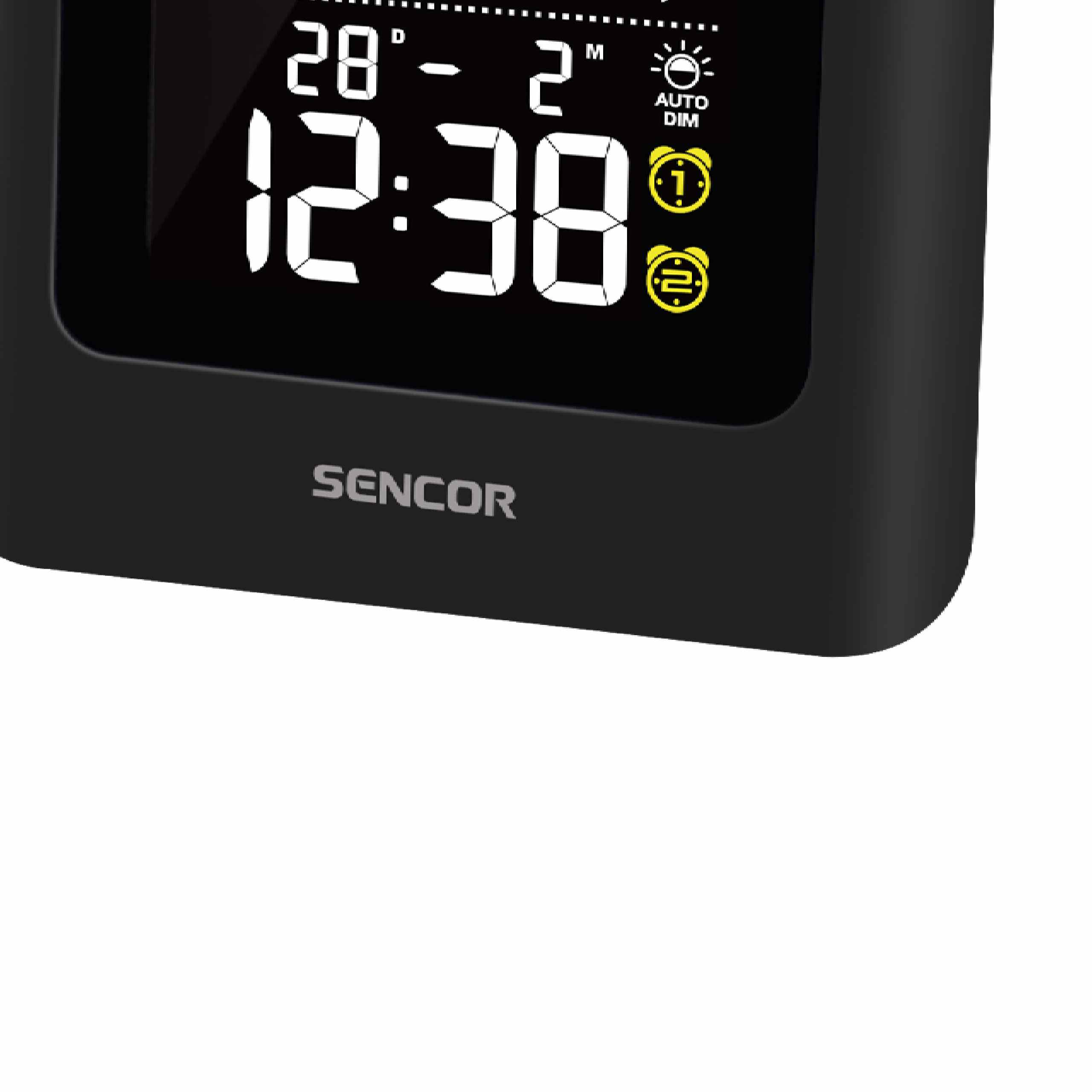 Ein schwarzer Sencor Digitalwecker zeigt die Zeit 12:38 und Datumsinformationen auf dem Display.