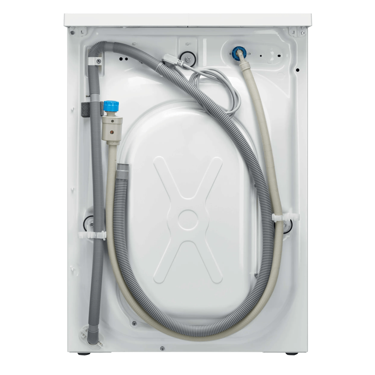 Vista trasera de una lavadora blanca con mangueras grises conectadas y un cable de alimentación.