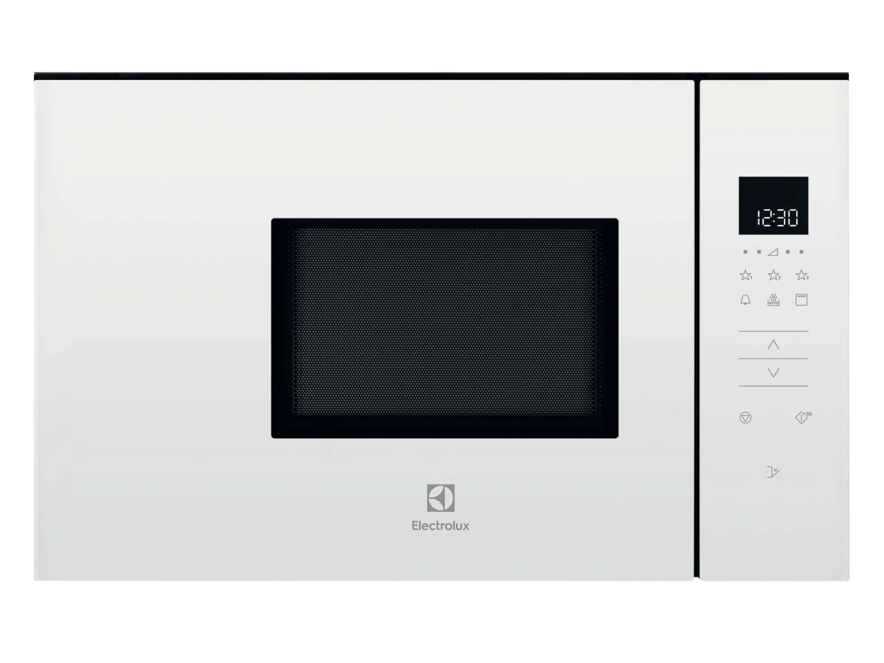 Un microondas Electrolux blanco con puerta negra y panel de control digital a la derecha.