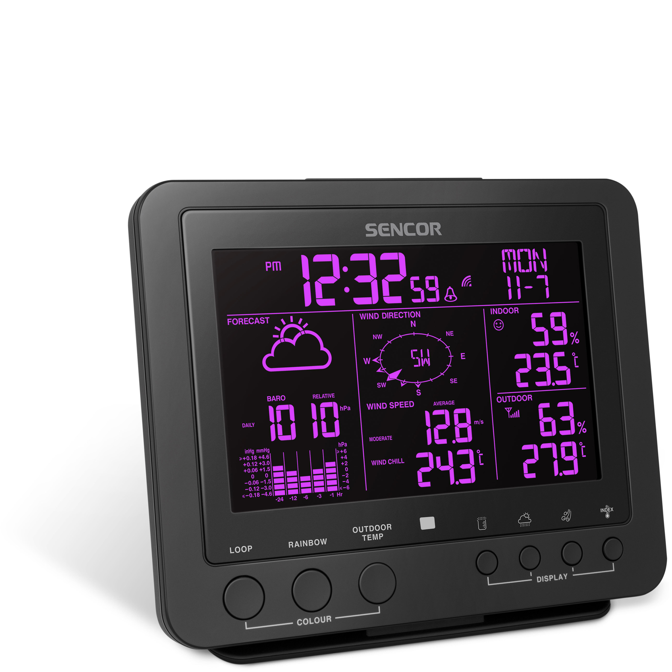 Eine schwarze digitale Sencor-Wetterstation mit einem hell leuchtenden lila Bildschirm mit Zeit, Temperatur und Prognose.