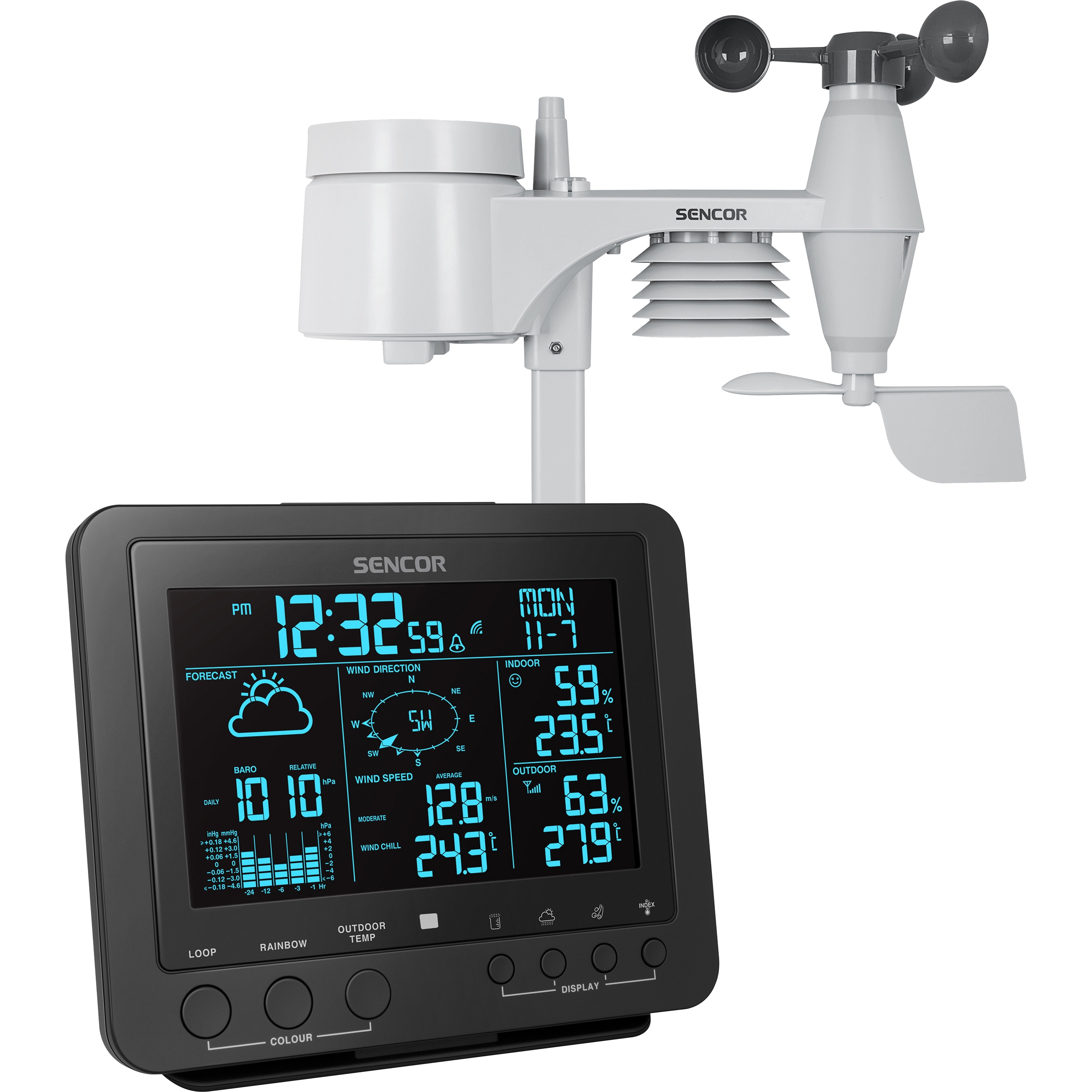 Sencor Wetterstation mit digitalem Farbdisplay und Aussensensor mit Anemometer und Windfahne.