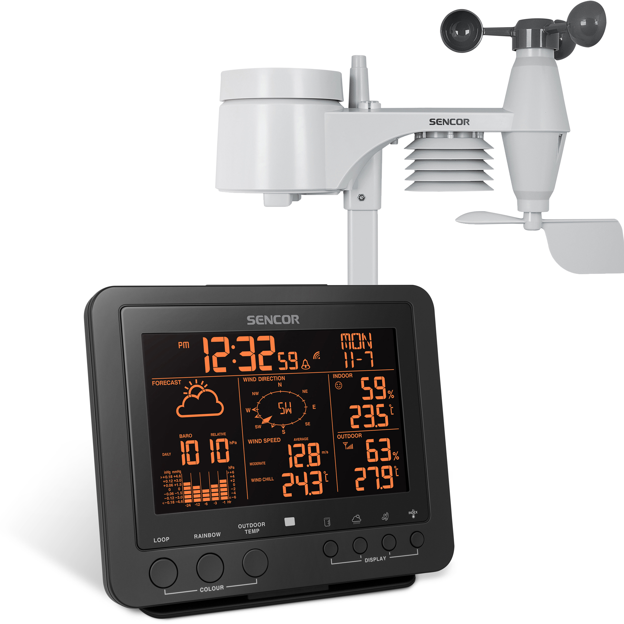 Sencor Wetterstation mit digitaler Anzeige für Temperatur, Luftfeuchtigkeit und Wind sowie Außensensor.