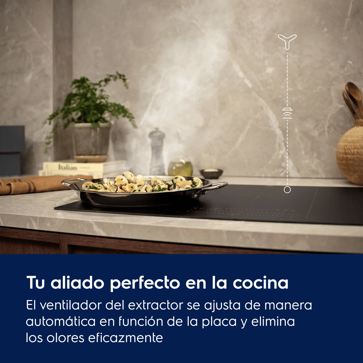 Una sartén con almejas se cocina en una placa de inducción en una cocina moderna con vapor y plantas al fondo.