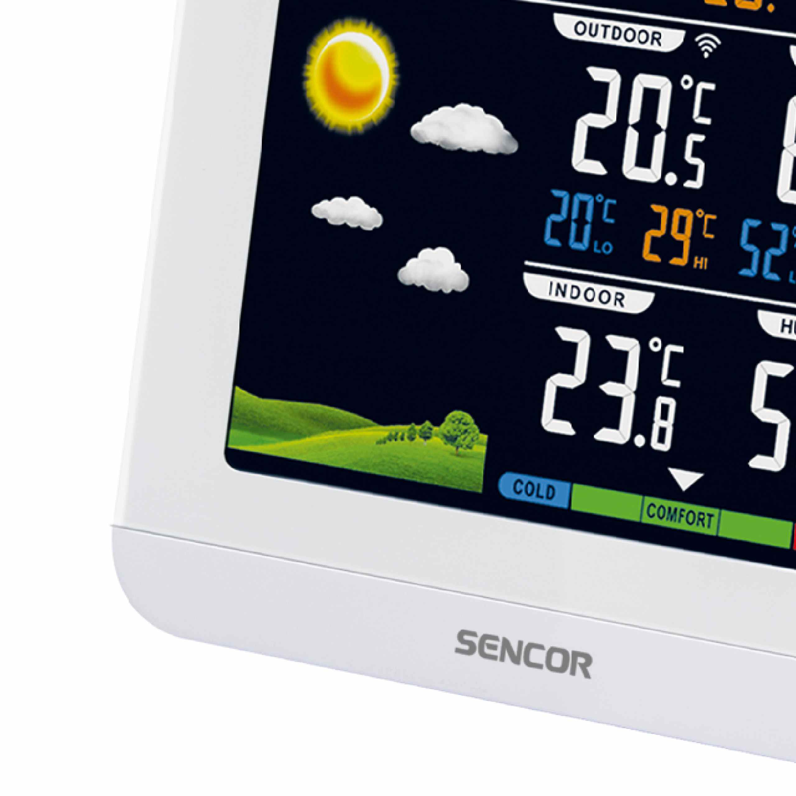 Wetterstation-Display mit Outdoor- und Indoor-Temperatur, Sonnensymbol und grünem Wiesen-Hintergrund.