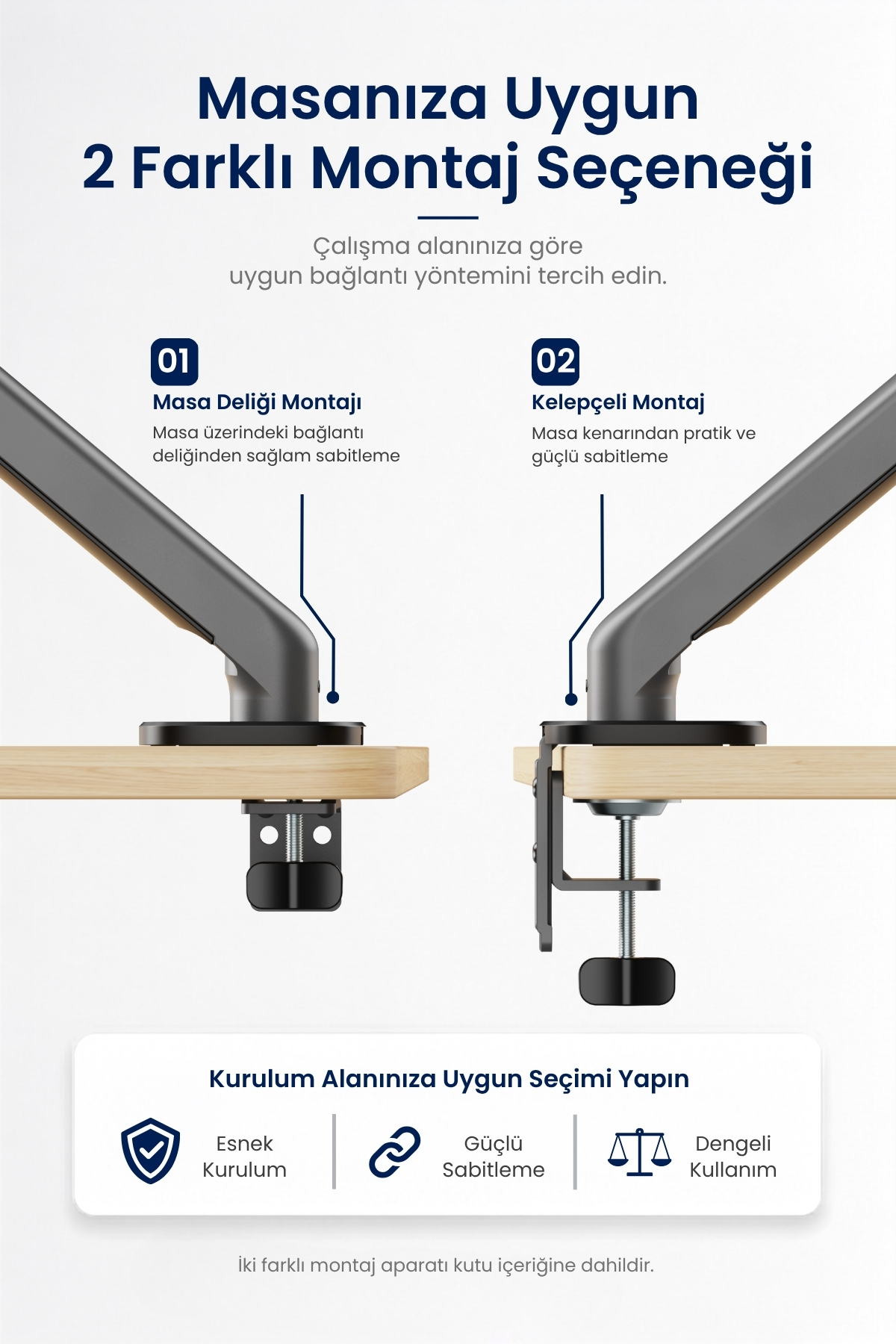 Masaüstü monitör kolu için delikli montaj ve kelepçeli montaj olmak üzere iki farklı seçeneği gösteren infografik.